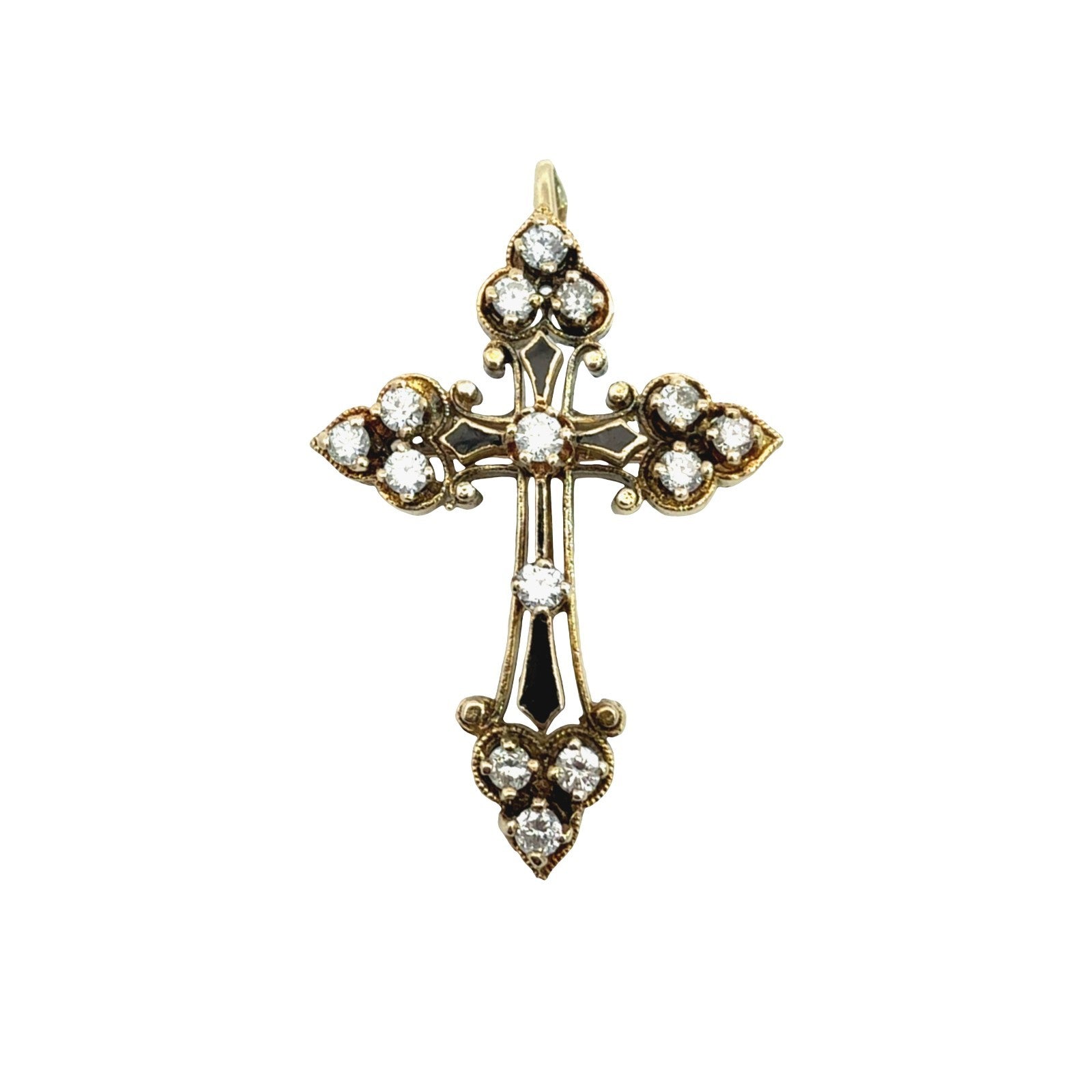 Vintage 14k Yellow Gold Ornate 0.87cttw Diamond Cross Pin Pendant0