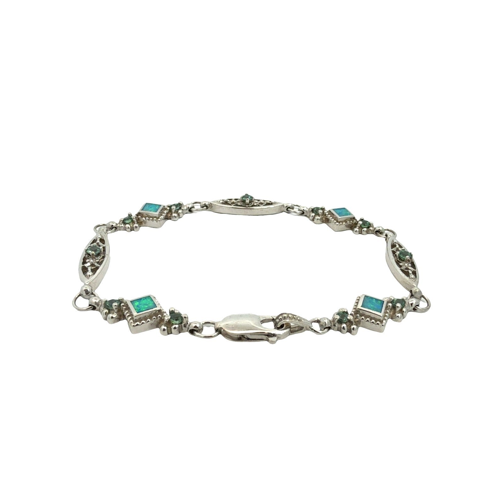 Vintage 14k White Gold Opal 0.77cttw Chrysoberyl Ornate Filigree Link Bracelet3