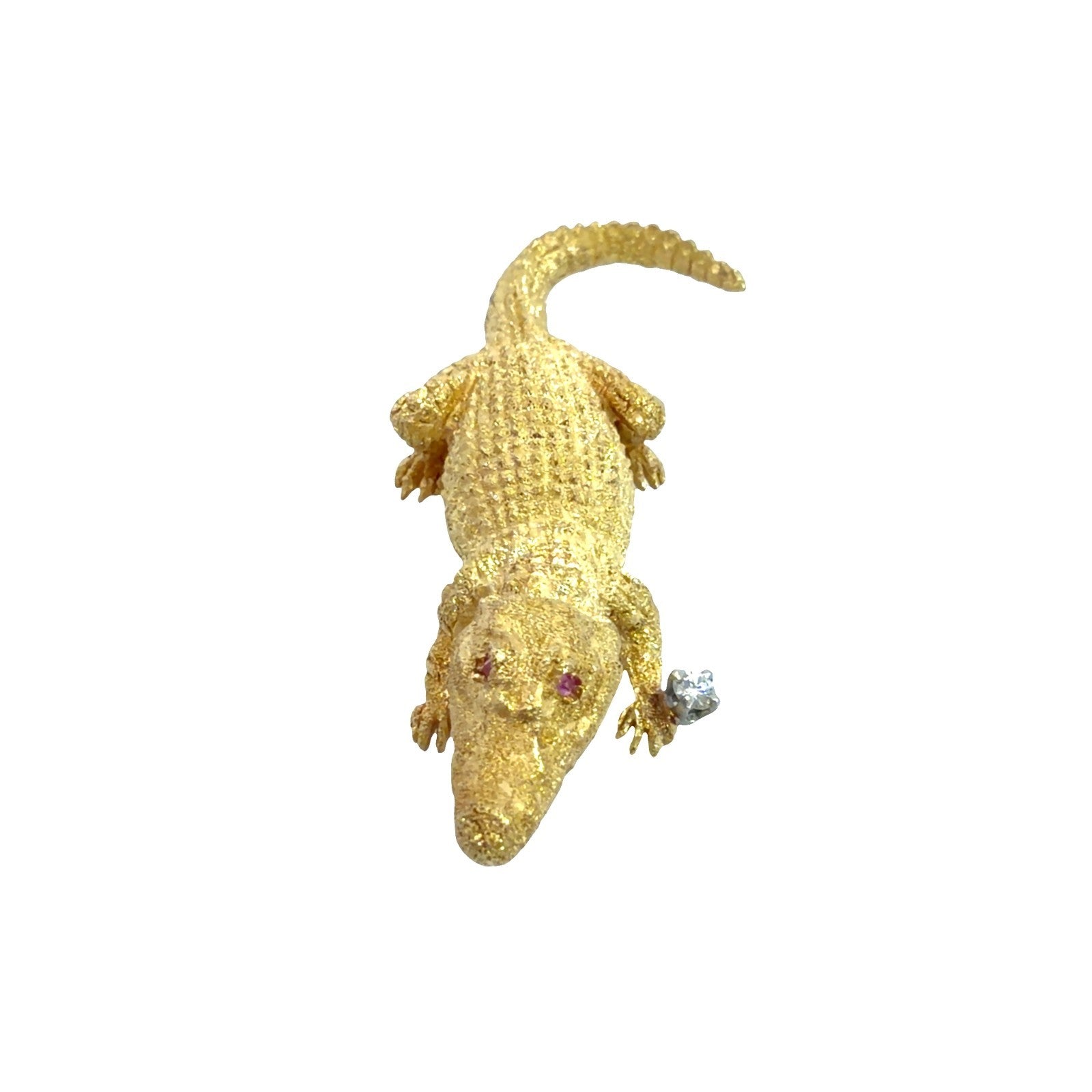 18k Stamped Yellow Gold Crocodile Brooch with Ruby and Diamond2