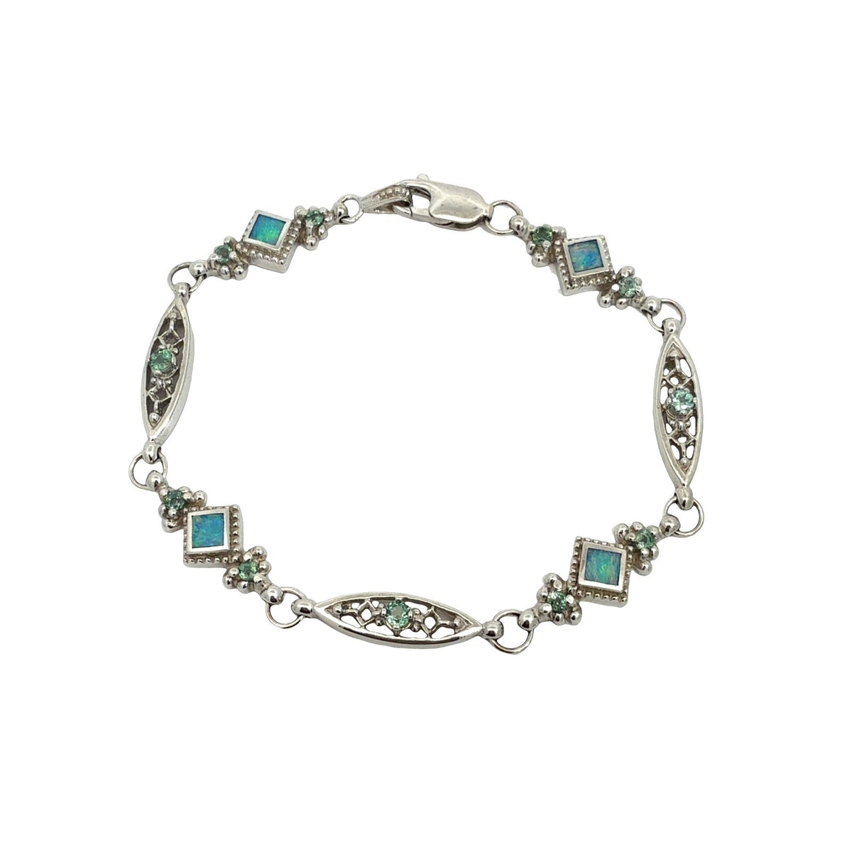 Vintage 14k White Gold Opal 0.77cttw Chrysoberyl Ornate Filigree Link Bracelet1