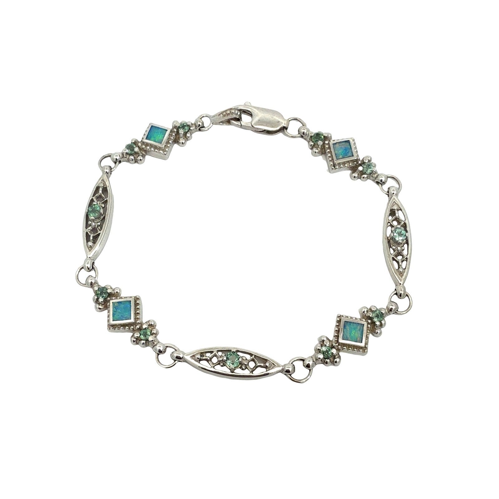 Vintage 14k White Gold Opal 0.77cttw Chrysoberyl Ornate Filigree Link Bracelet0