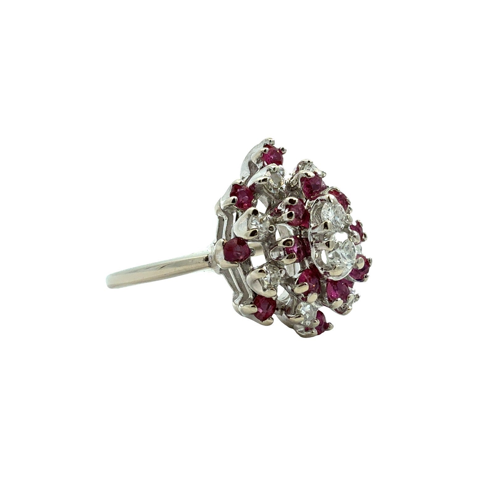 Vintage 14k White Gold Stamped 0.64cttw Ruby and 0.47cttw Diamond Cluster Ring0
