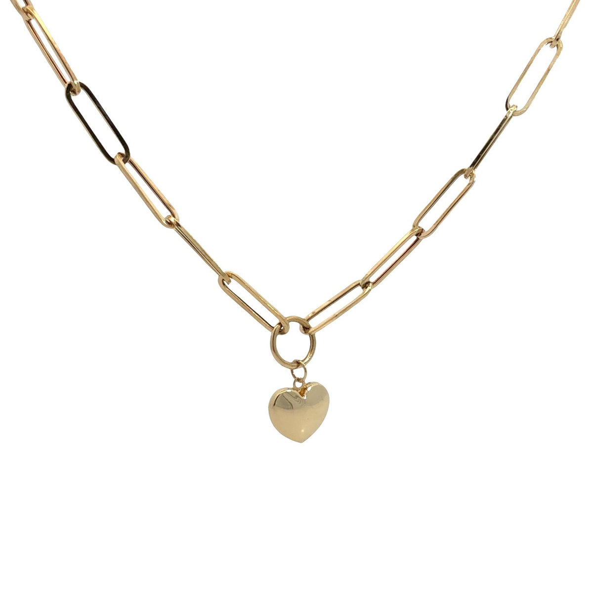 14k Yellow Gold Paperclip Chain with Heart Charm Necklace 18"3