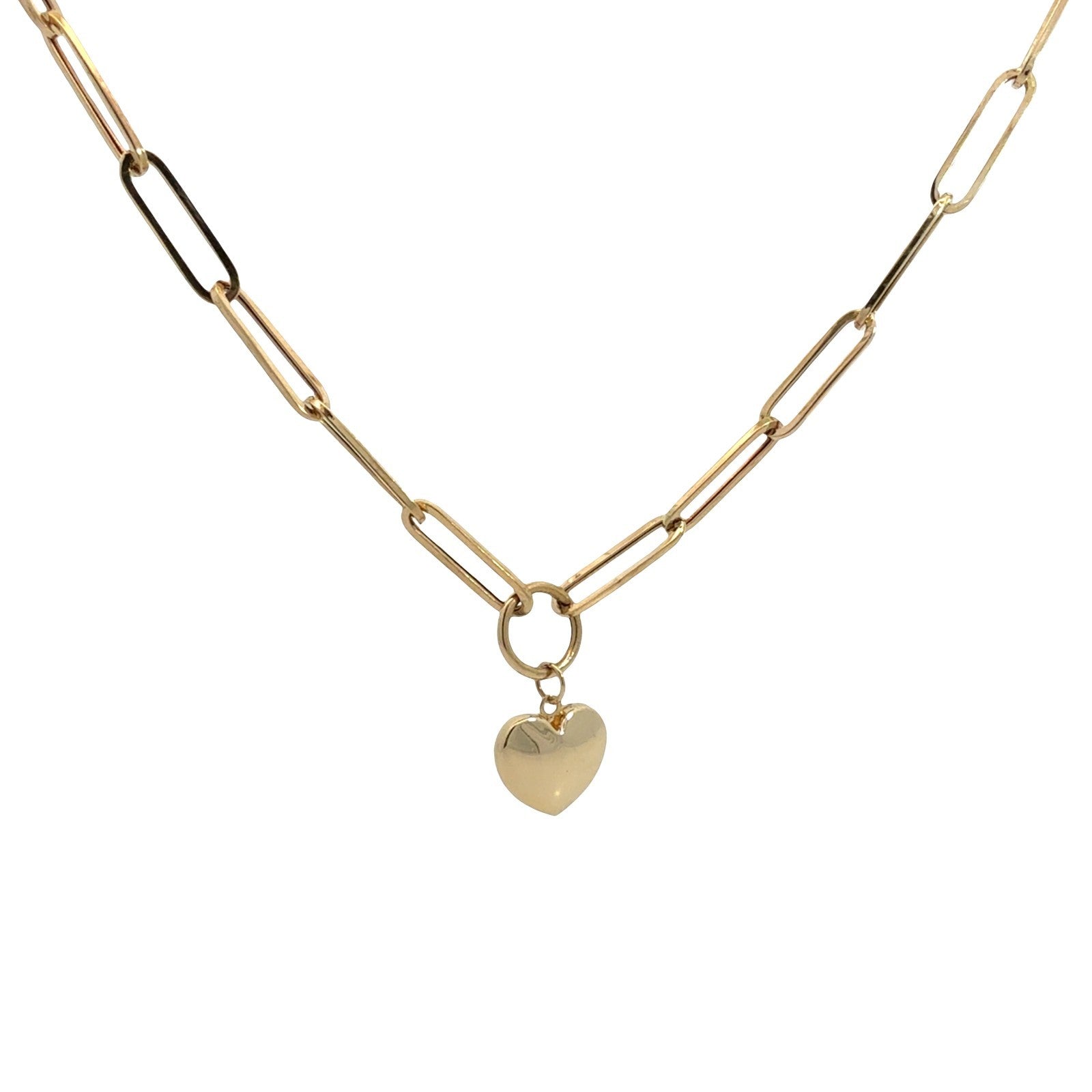 14k Yellow Gold Paperclip Chain with Heart Charm Necklace 18"3