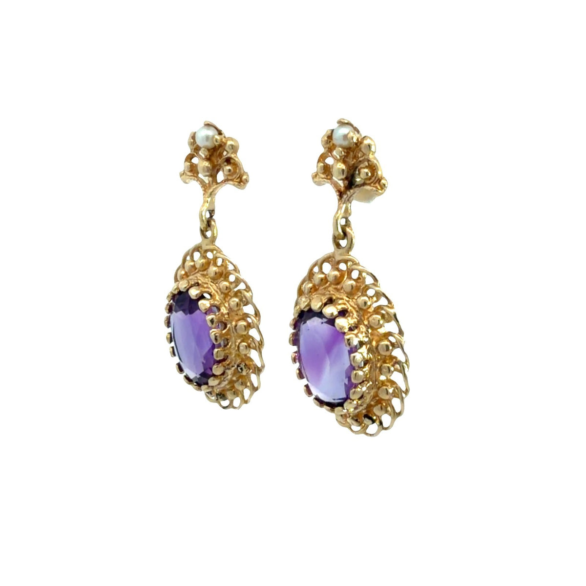 Vintage 14k Yellow Gold Stamped 4.12ctw Amethyst and Seed Pearl Dangle Earrings1