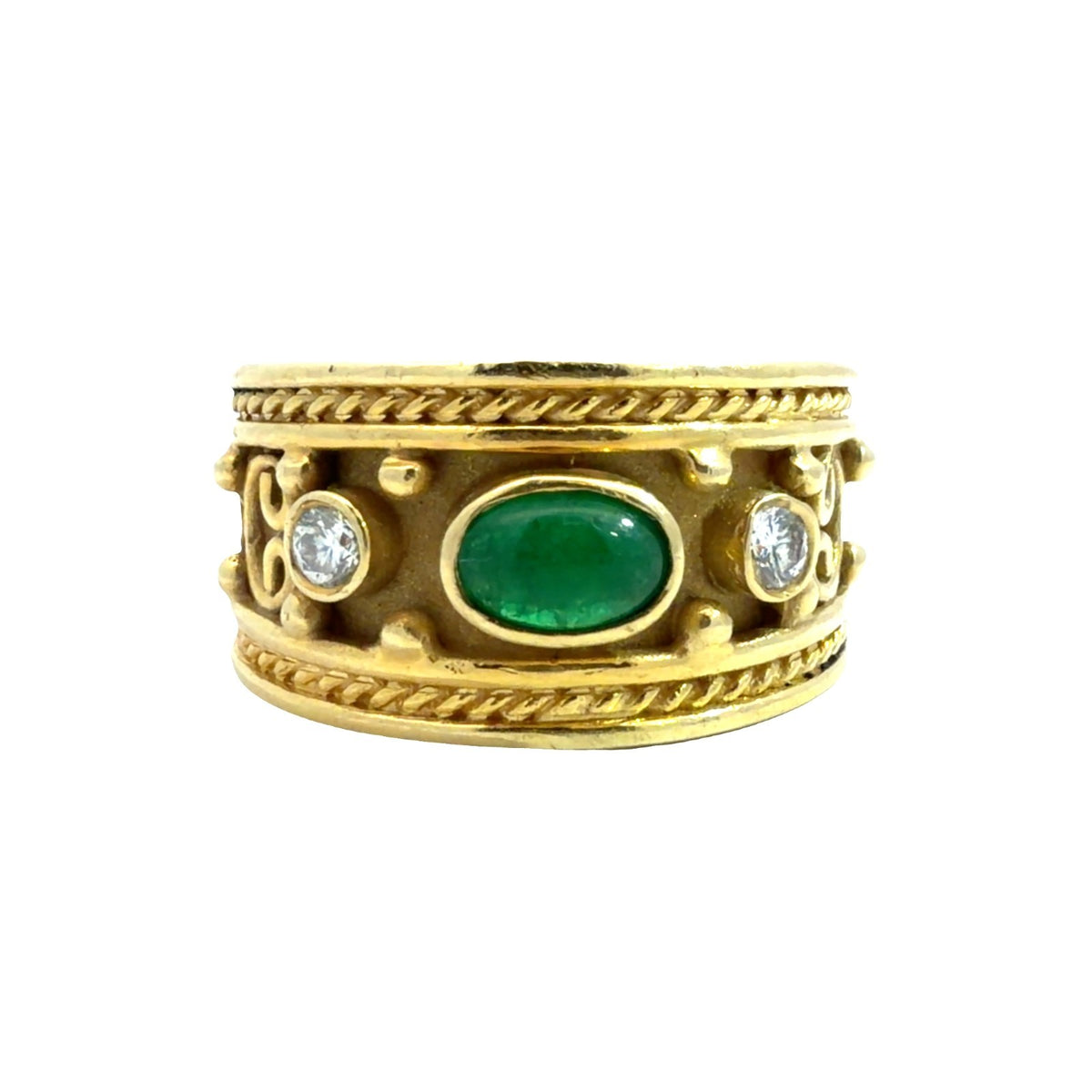 Vintage 18k Yellow Gold 0.48ctw Cabochon Emerald and 0.12ctw Diamond Band0