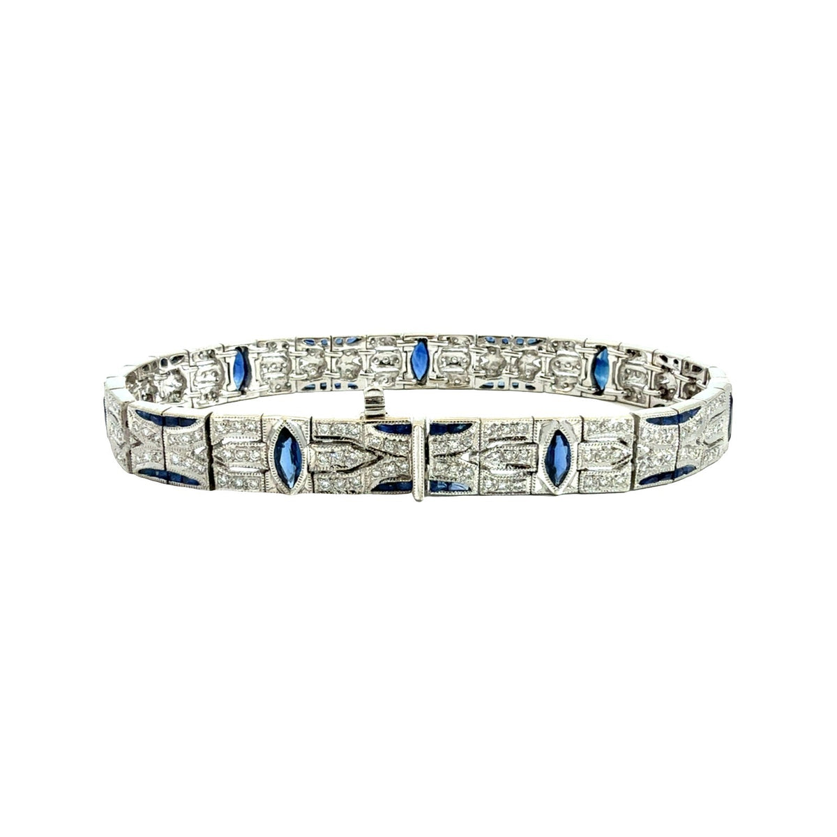18k White Gold 3.01cttw Sapphire and 1.58cttw Diamond Art Deco Style Bracelet 7"3