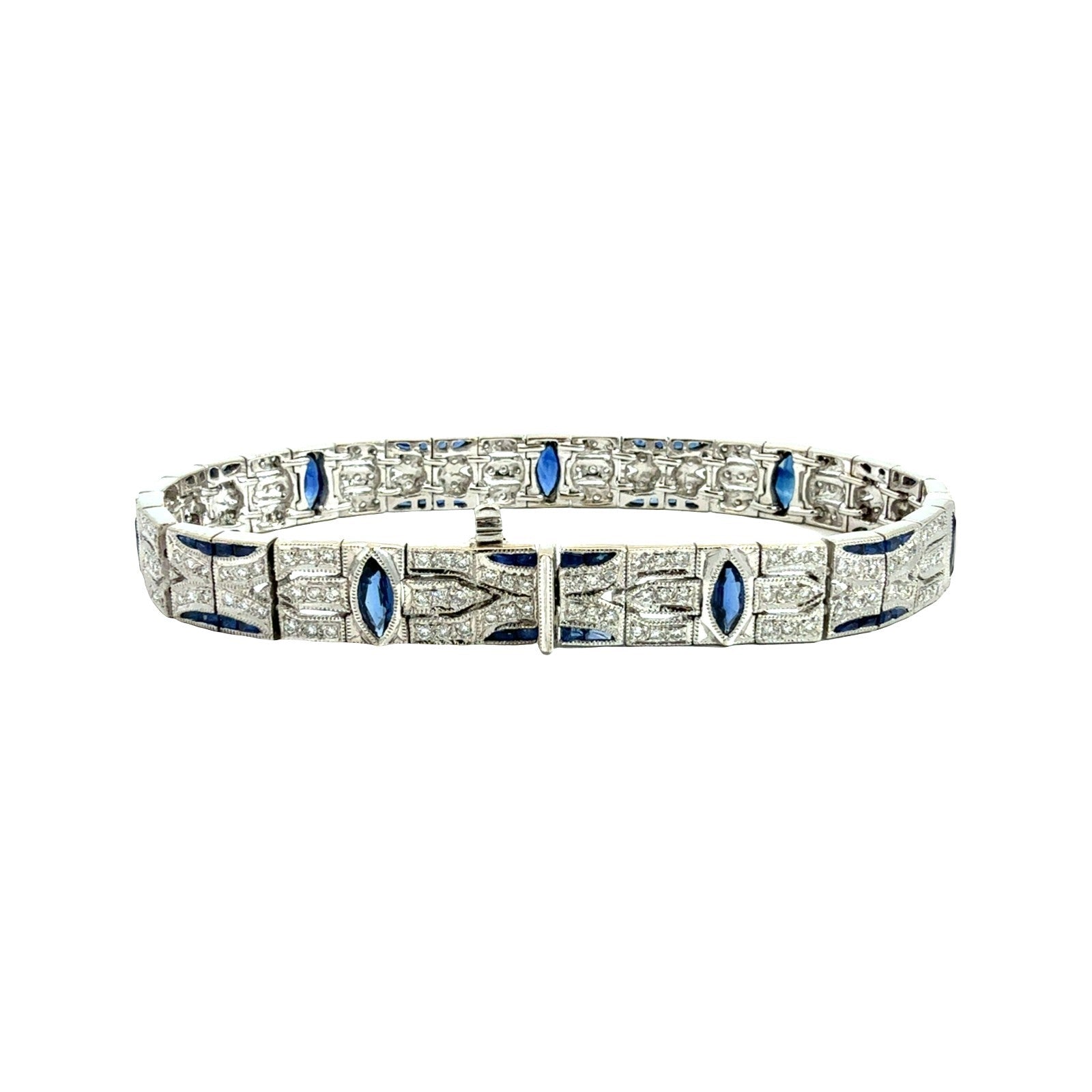18k White Gold 3.01cttw Sapphire and 1.58cttw Diamond Art Deco Style Bracelet 7"3