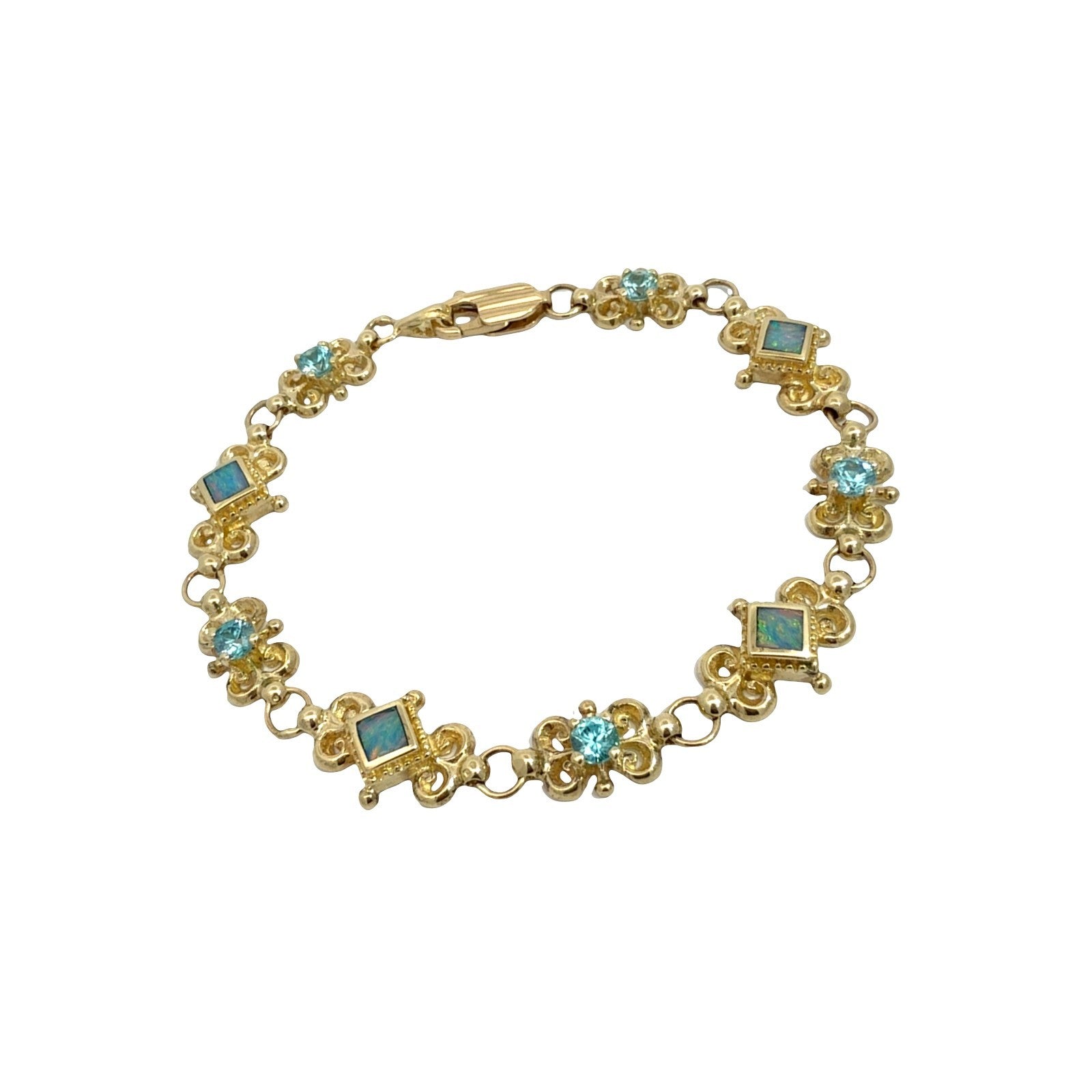14k Yellow Gold 1.55cttw Blue Zircon & Opal Filigree Chain Bracelet 7.25"1
