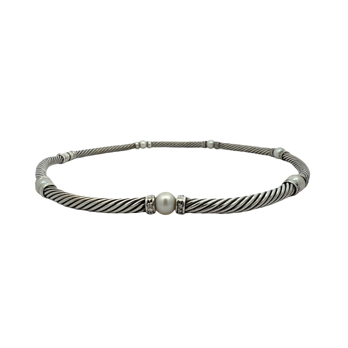 David Yurman Sterling Silver Pearl & 0.64cttw Diamond Hampton Cable Choker 15.5"3