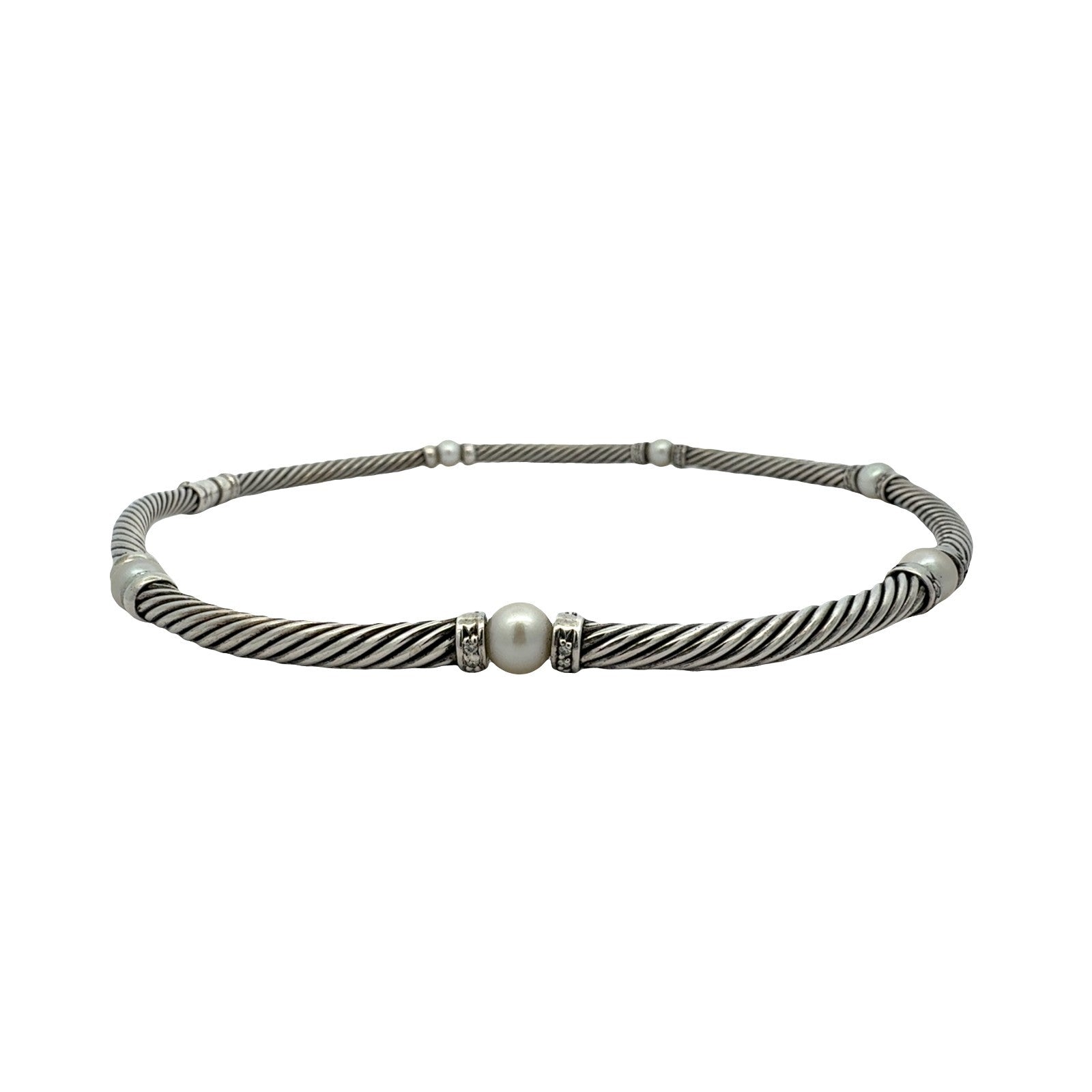 David Yurman Sterling Silver Pearl & 0.64cttw Diamond Hampton Cable Choker 15.5"3