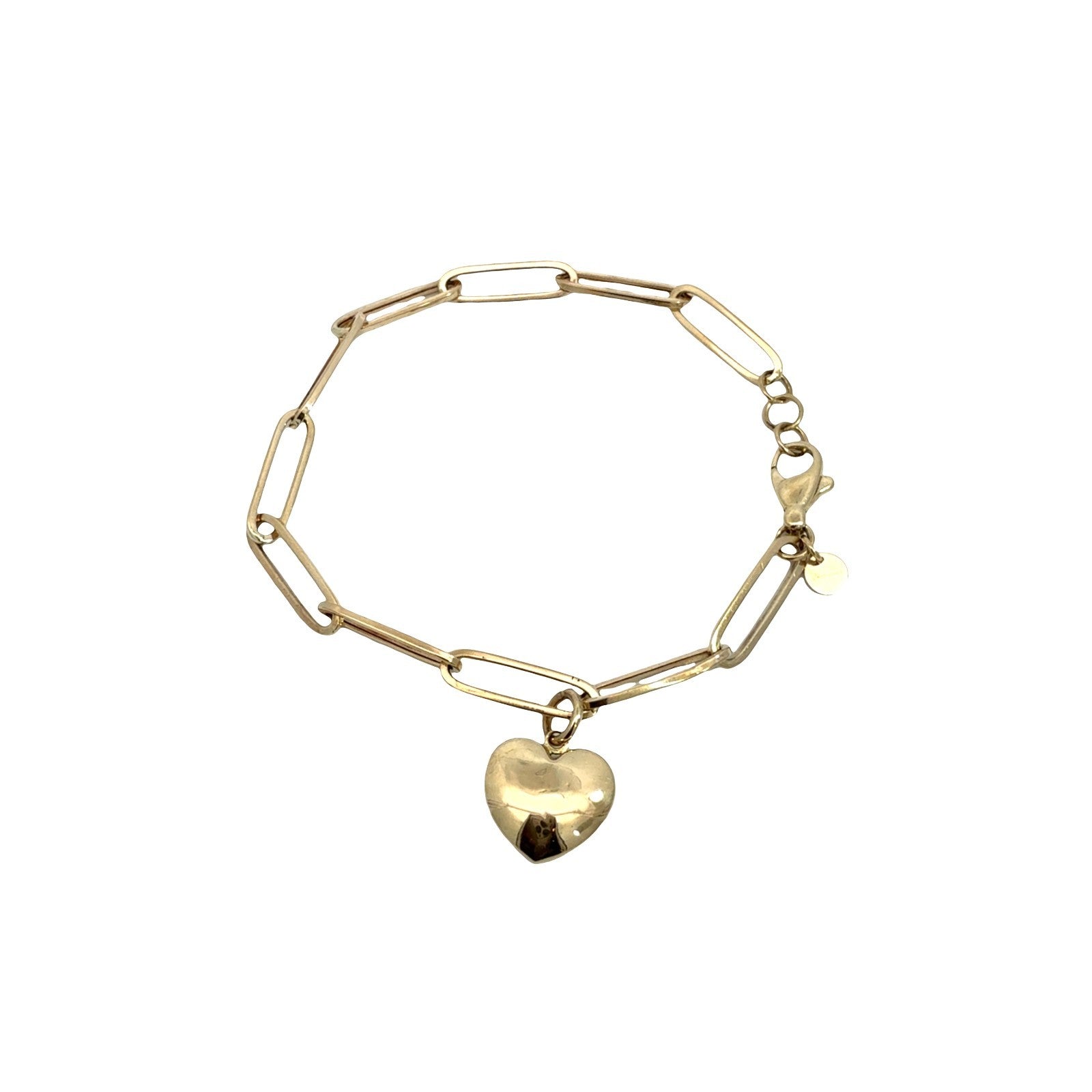 14k Yellow Gold Paperclip Chain Heart Charm Bracelet 7.5"0