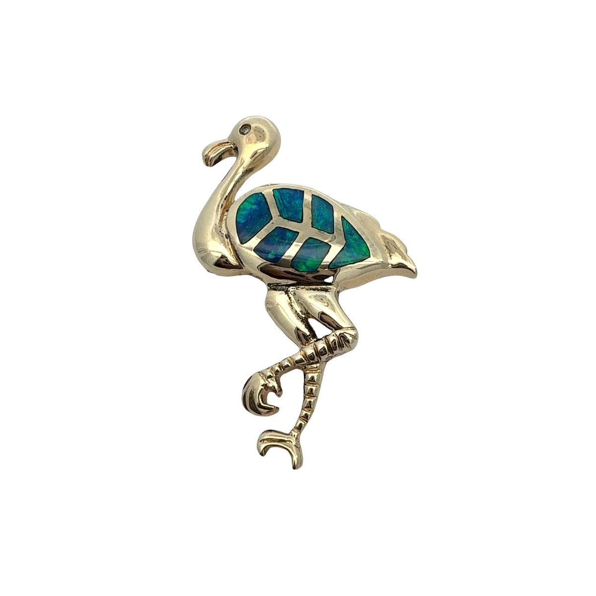 Vintage 14k Yellow Gold Opal Inlay &amp; 0.01tcw Diamond Flamingo Pin/Pendant0