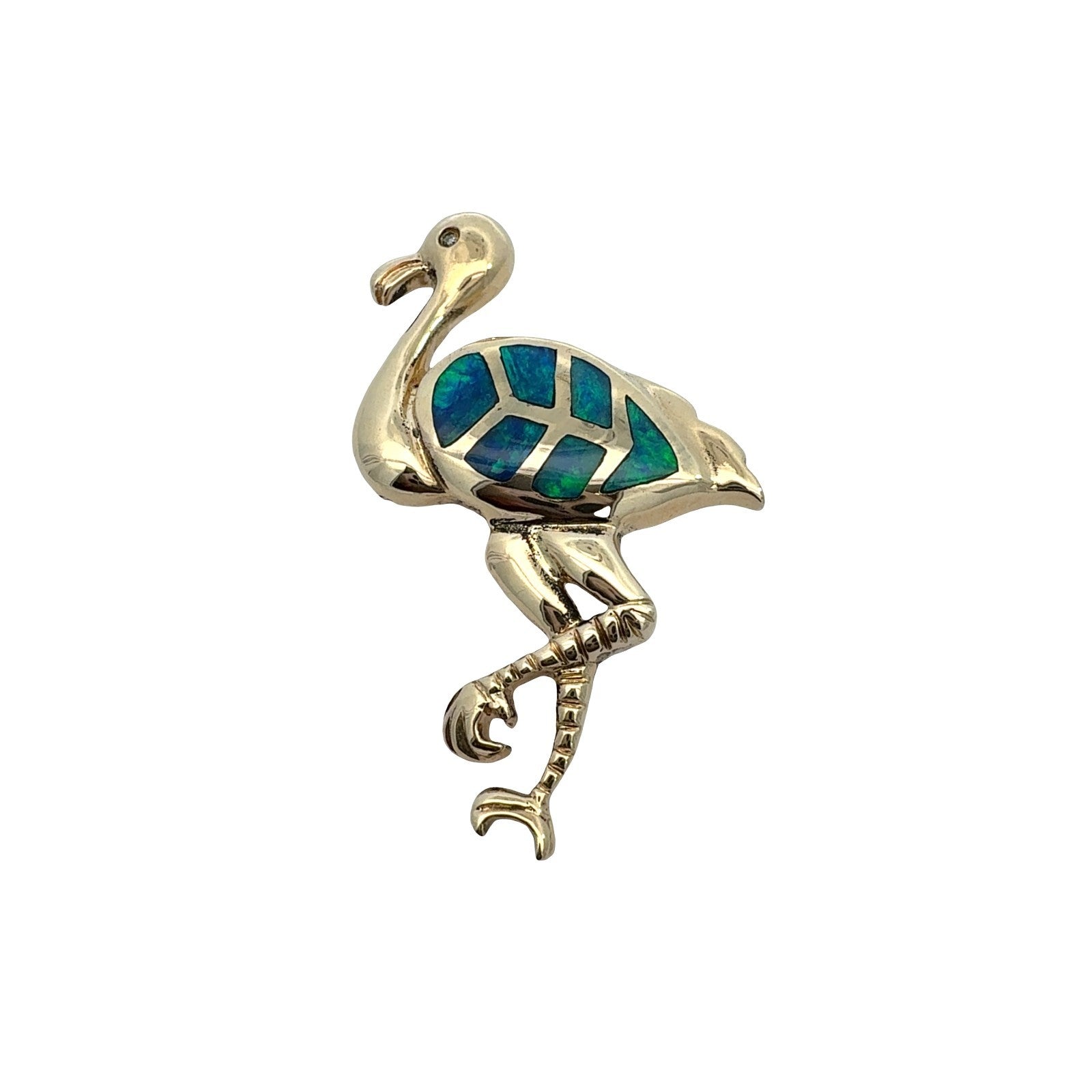 Vintage 14k Yellow Gold Opal Inlay & 0.01tcw Diamond Flamingo Pin/Pendant0