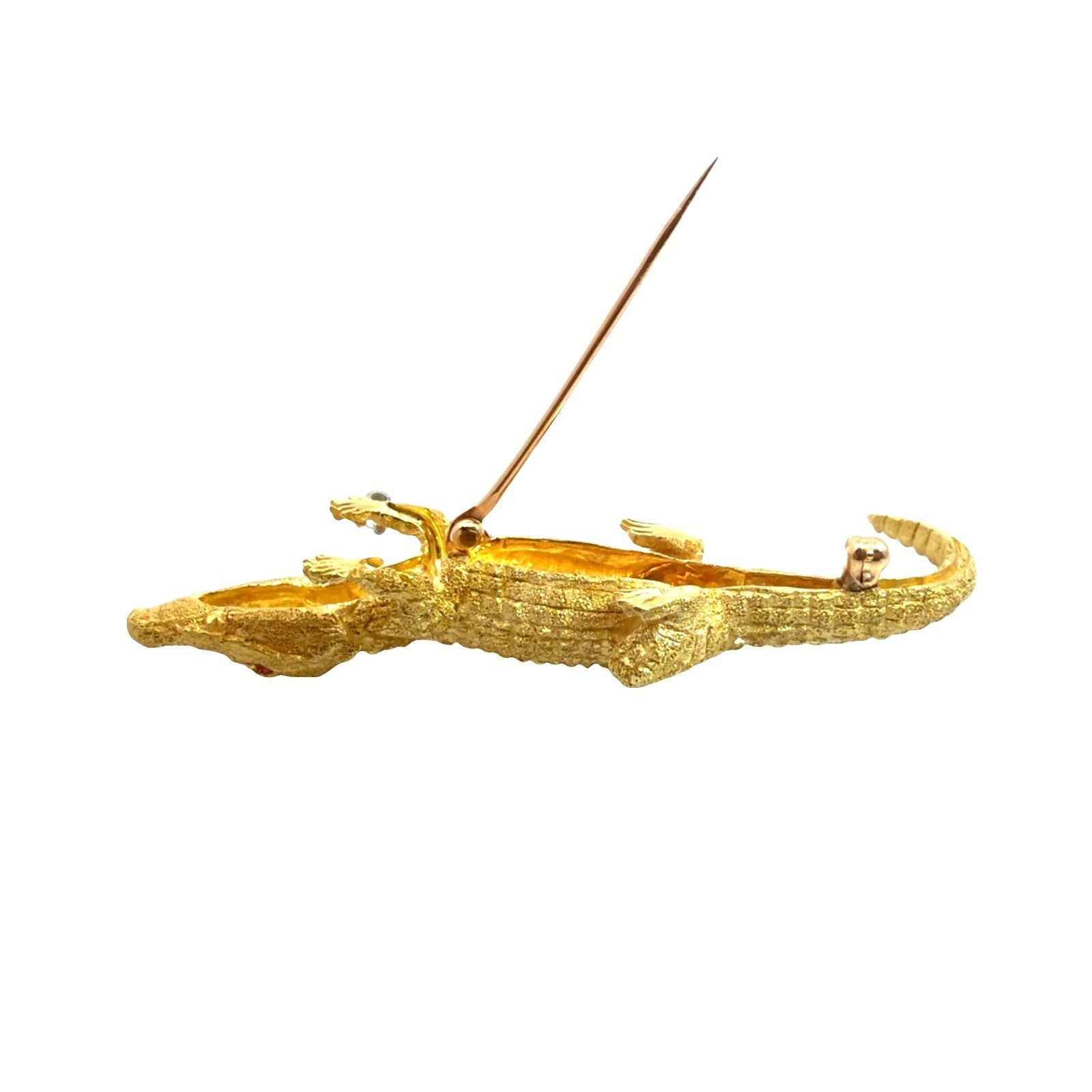 18k Stamped Yellow Gold Crocodile Brooch with Ruby and Diamond0
