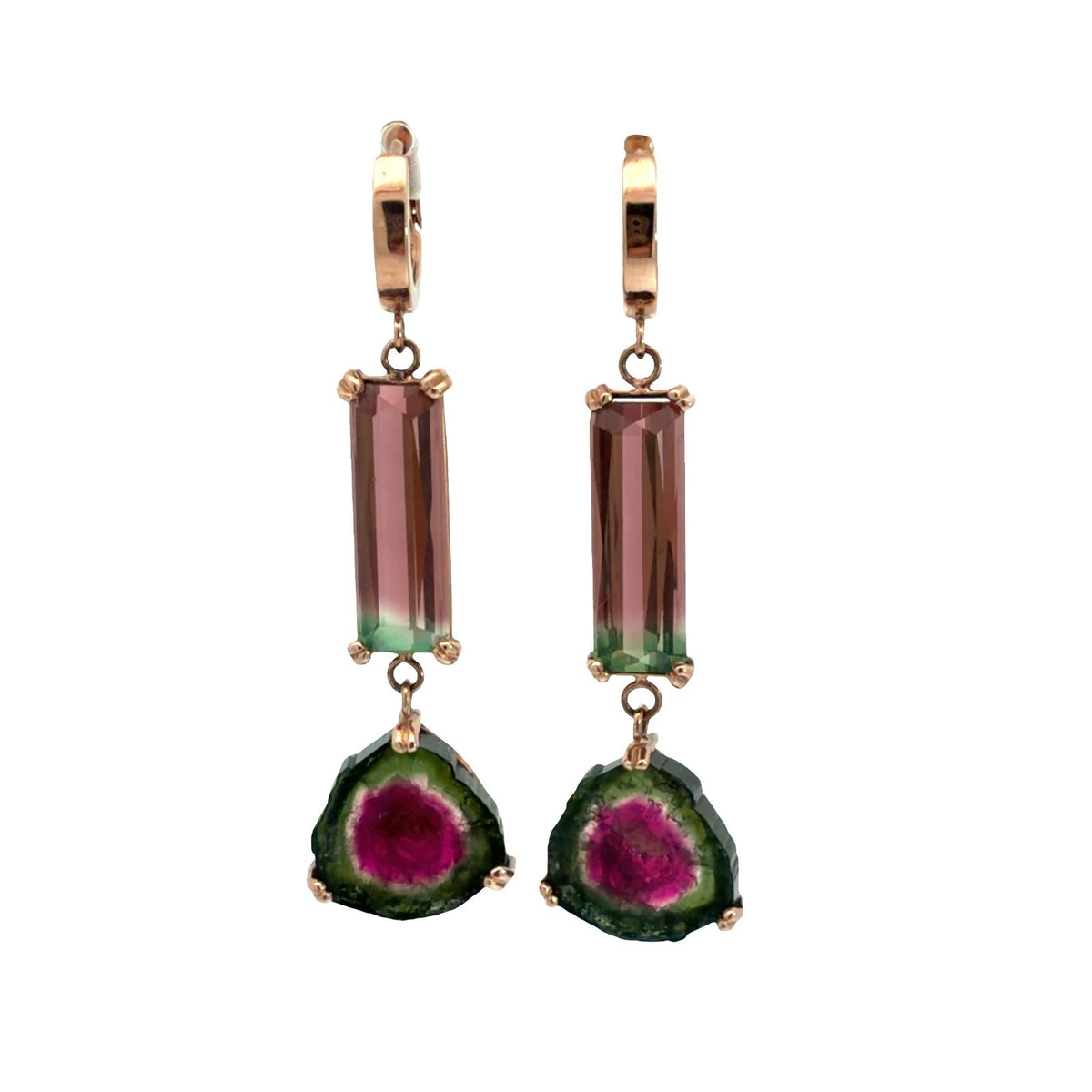 14k Rose Gold and 9.95ctw Watermelon Tourmaline Dangle Earrings4