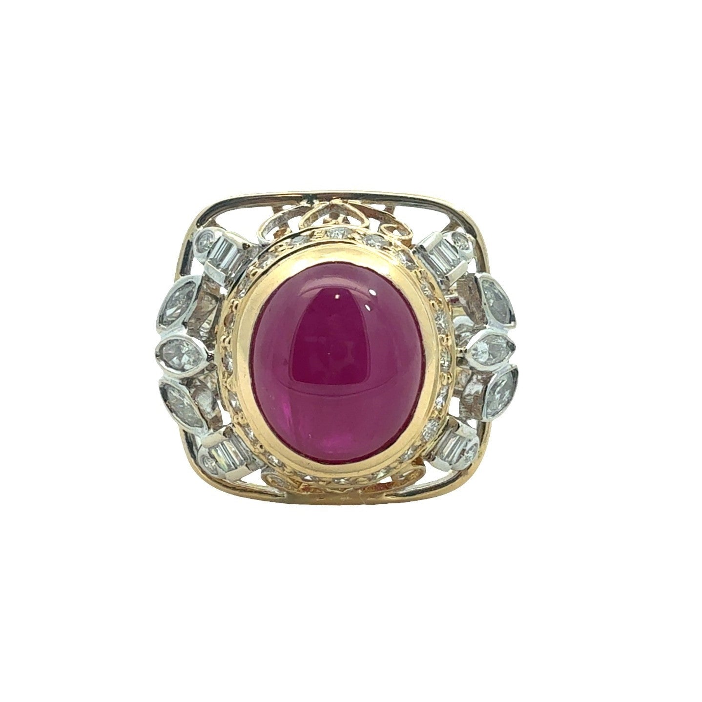 18k Yellow Gold Two Toned 1.13ctw Diamond & 5.00ctw Ruby Cocktail Ring Size 7.50