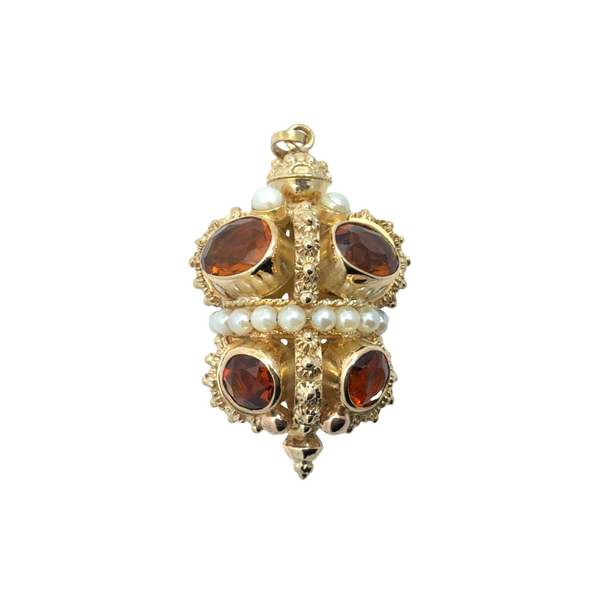 Vintage 18k Yellow Gold Stamped 11.16cttw Citrine and Pearl Ornate Crown Pendant0