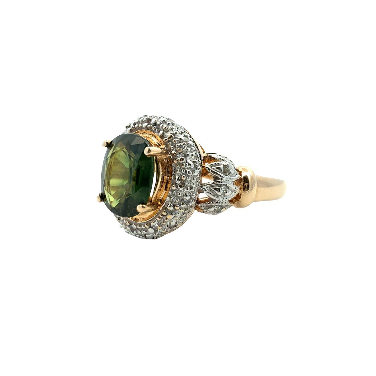 14k Gold Two-Tone 0.17cttw Diamond and 1.90tcw Oval Green Sapphire Cocktail Ring1