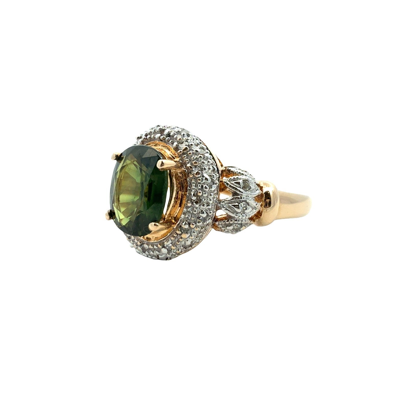 14k Gold Two-Tone 0.17cttw Diamond and 1.90tcw Oval Green Sapphire Cocktail Ring0