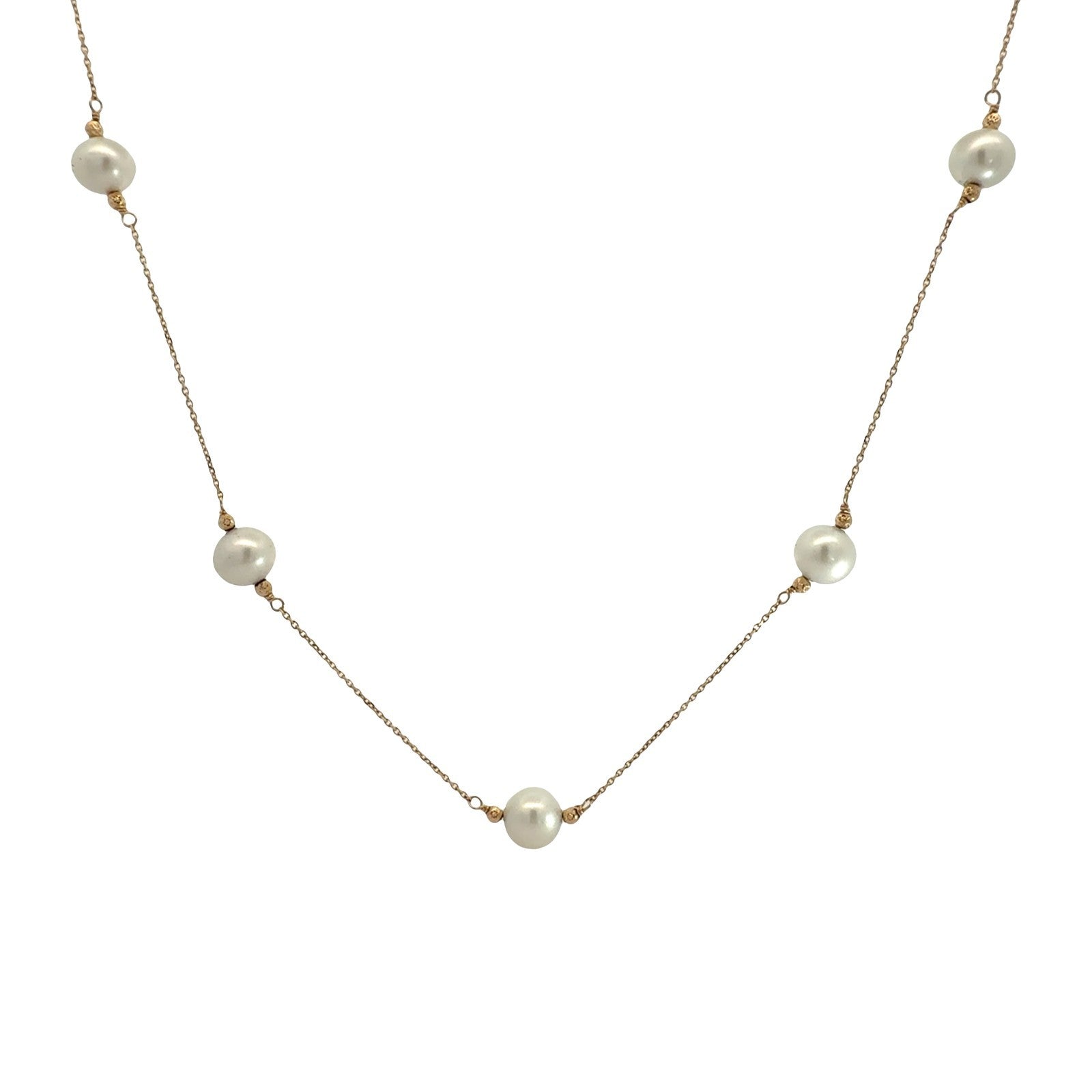 14k Yellow Gold 5 Pearl Station Necklace 17.5"3