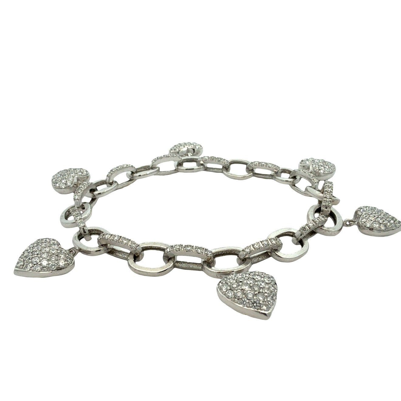 14k White Gold 5.54ctw Diamond Heart Charm Chain Bracelet 8"0