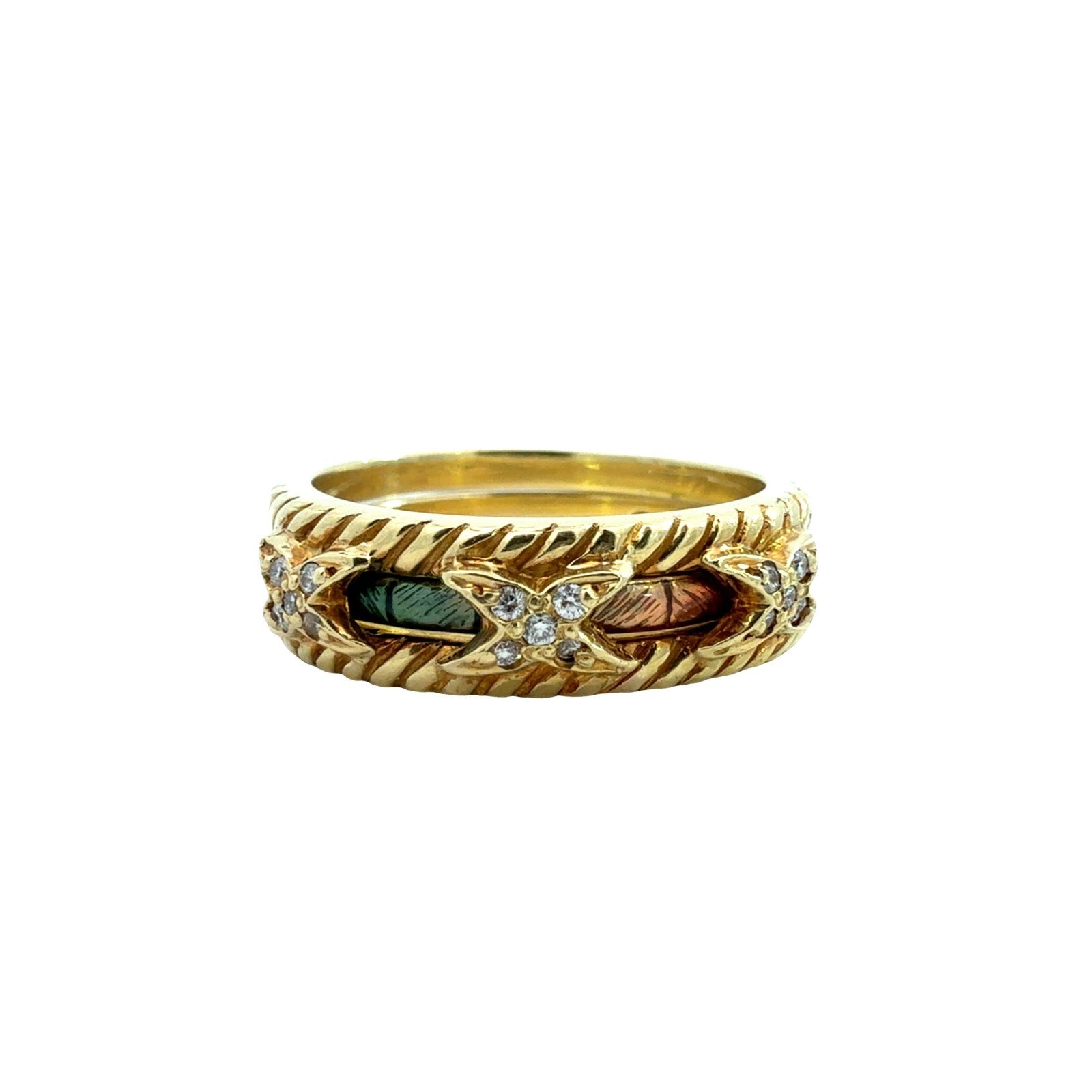 Vintage Hidalgo 18k Yellow Gold Rainbow Enamel and 0.08cttw Diamond Band Set0