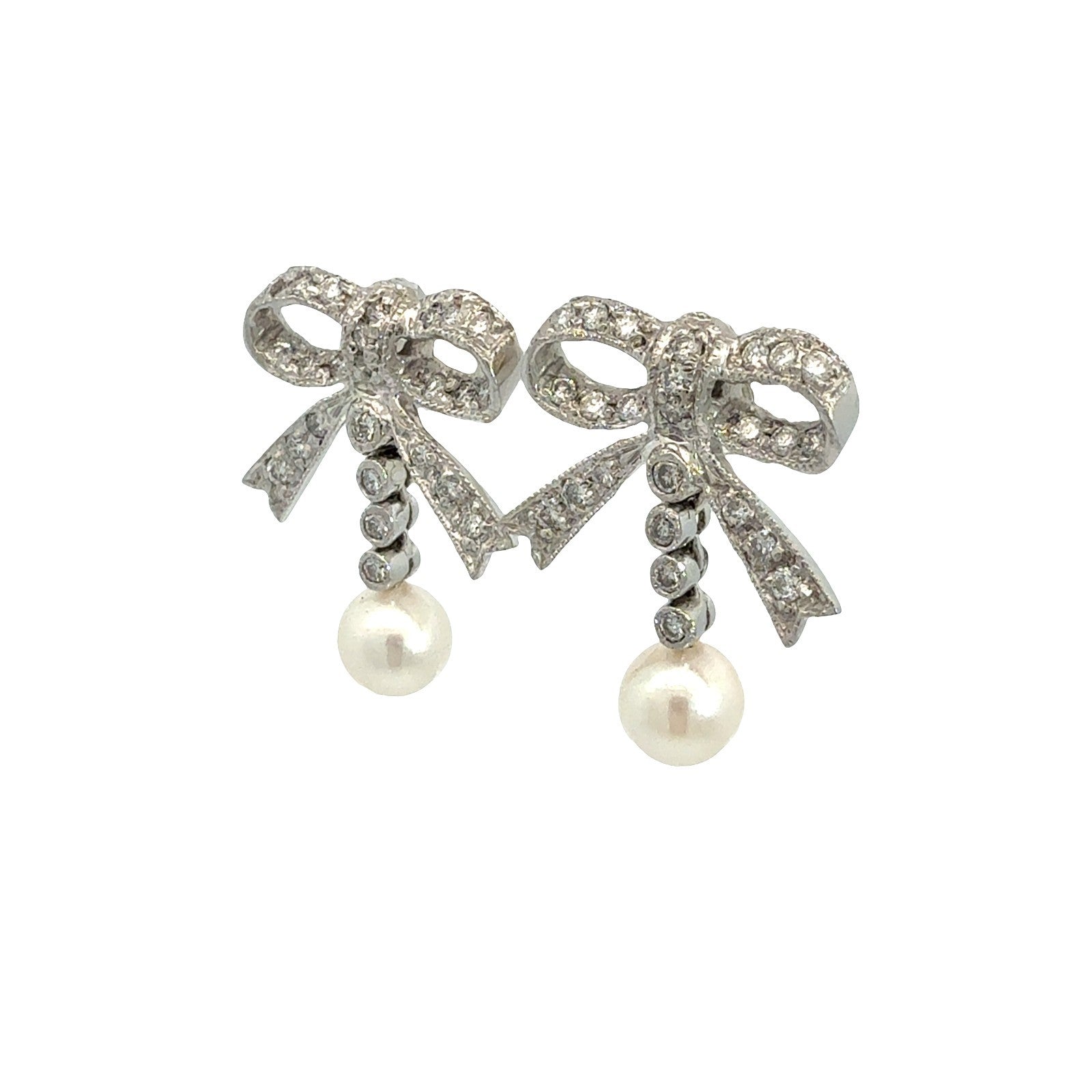 14k White Gold 0.60cttw Diamond Bow and Pearl Drop Earrings5