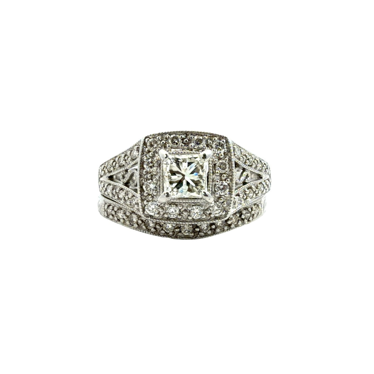 14k White Gold 0.94cttw Diamond Halo Bridal Set Size 70