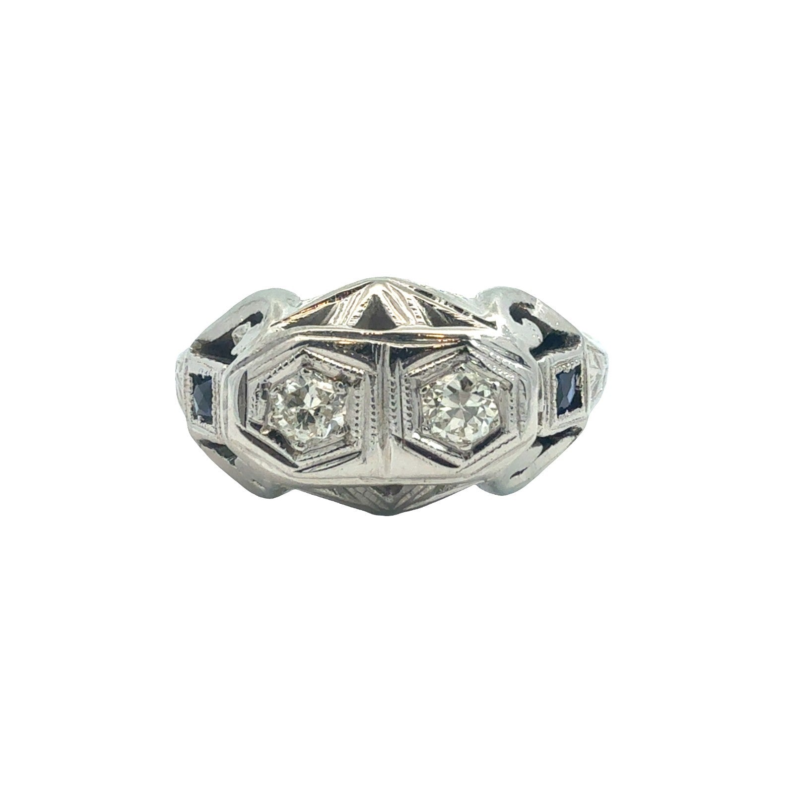 Vintage 18k White Gold 0.14ctw Diamond and 0.08ctw Sapphire Ring0