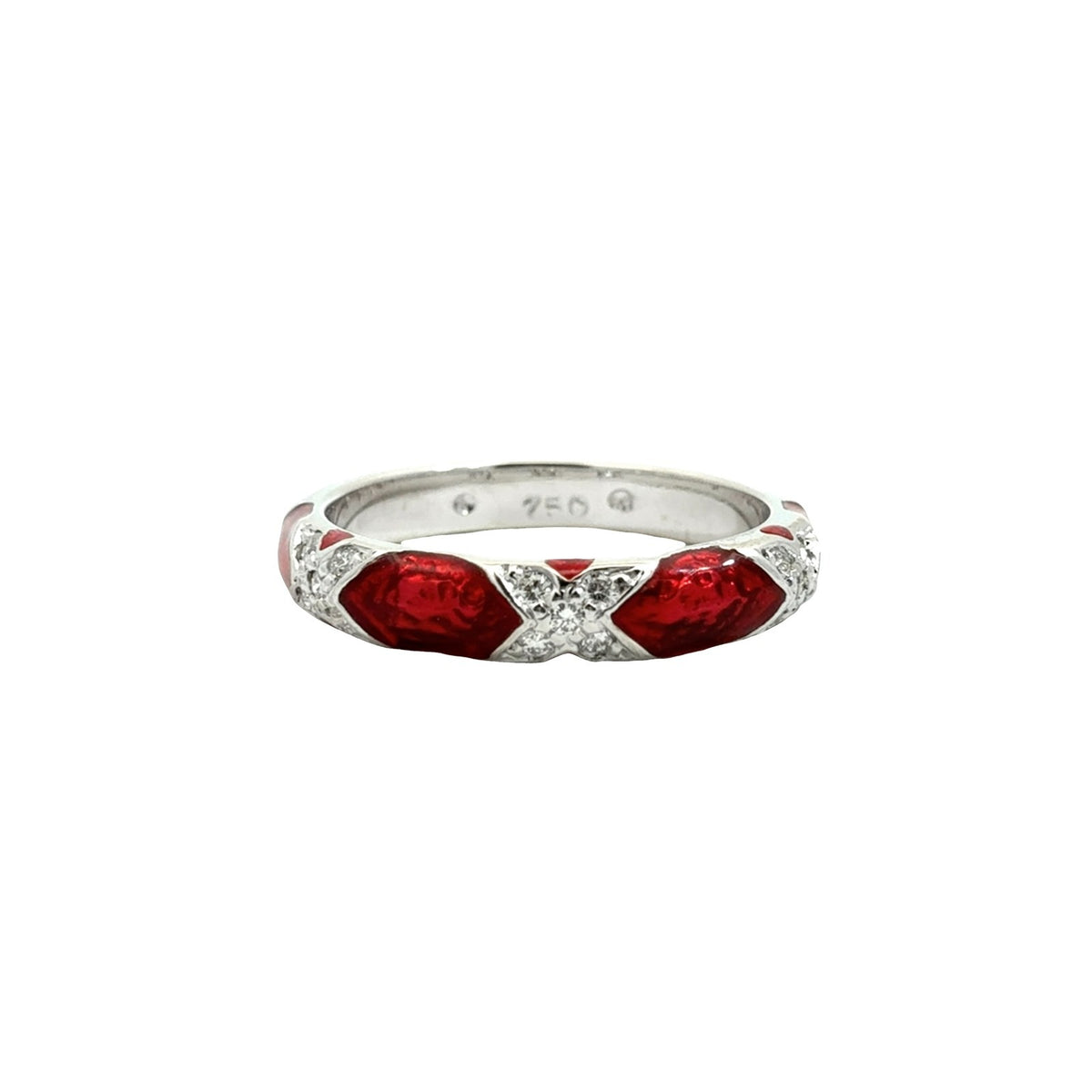 18k White Gold Red Enamel and 0.09cttw Diamond X-Motif Band Ring0