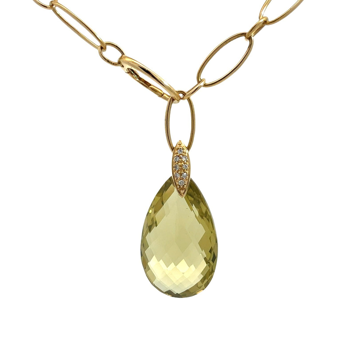 18k Yellow Gold Lemon Quartz 0.13cttw Diamond Paperclip Chain Pendant Necklace0