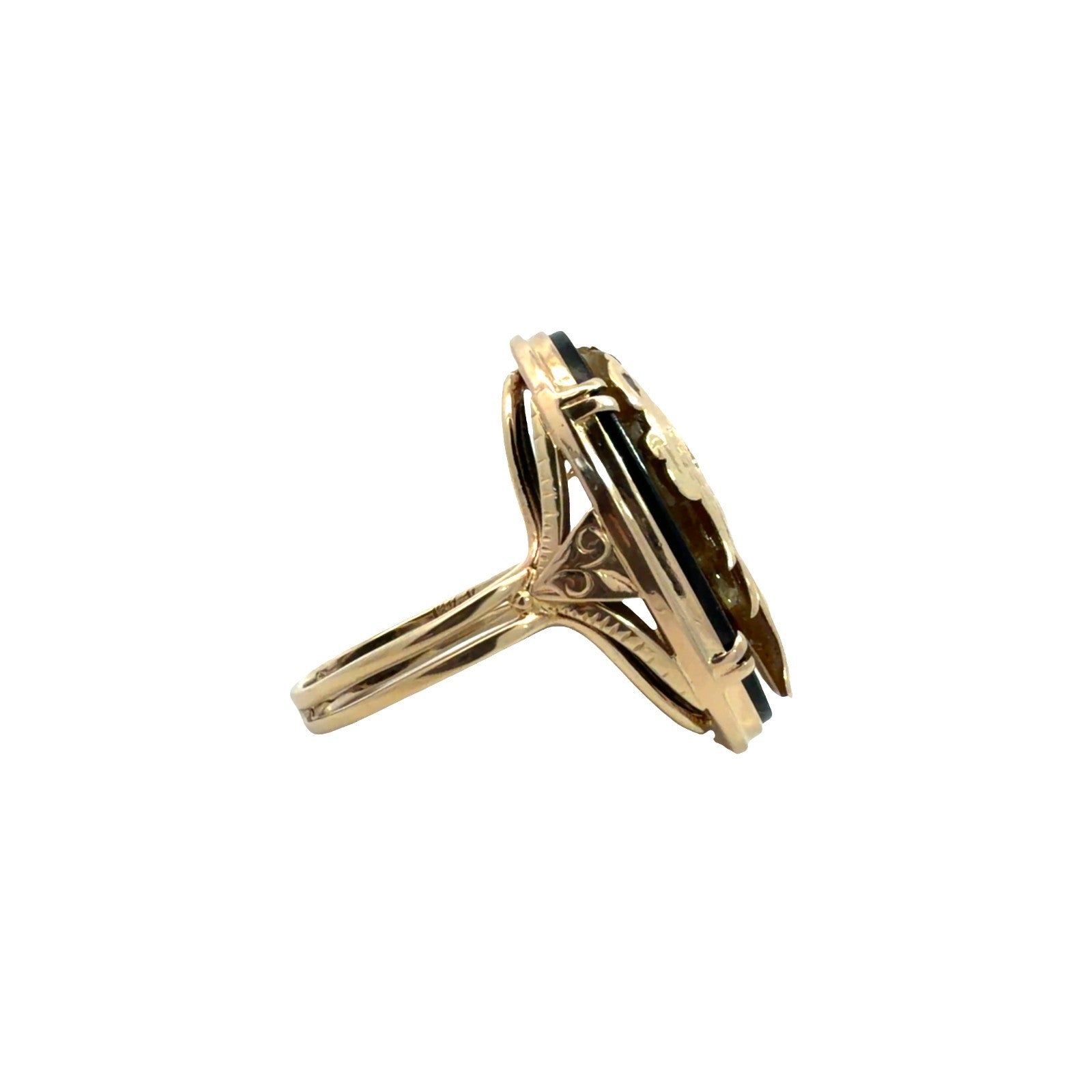 13.5k Yellow Gold Ming's Hawaii Rare Vintage Phoenix Overlay Onyx Ring Size 6.754