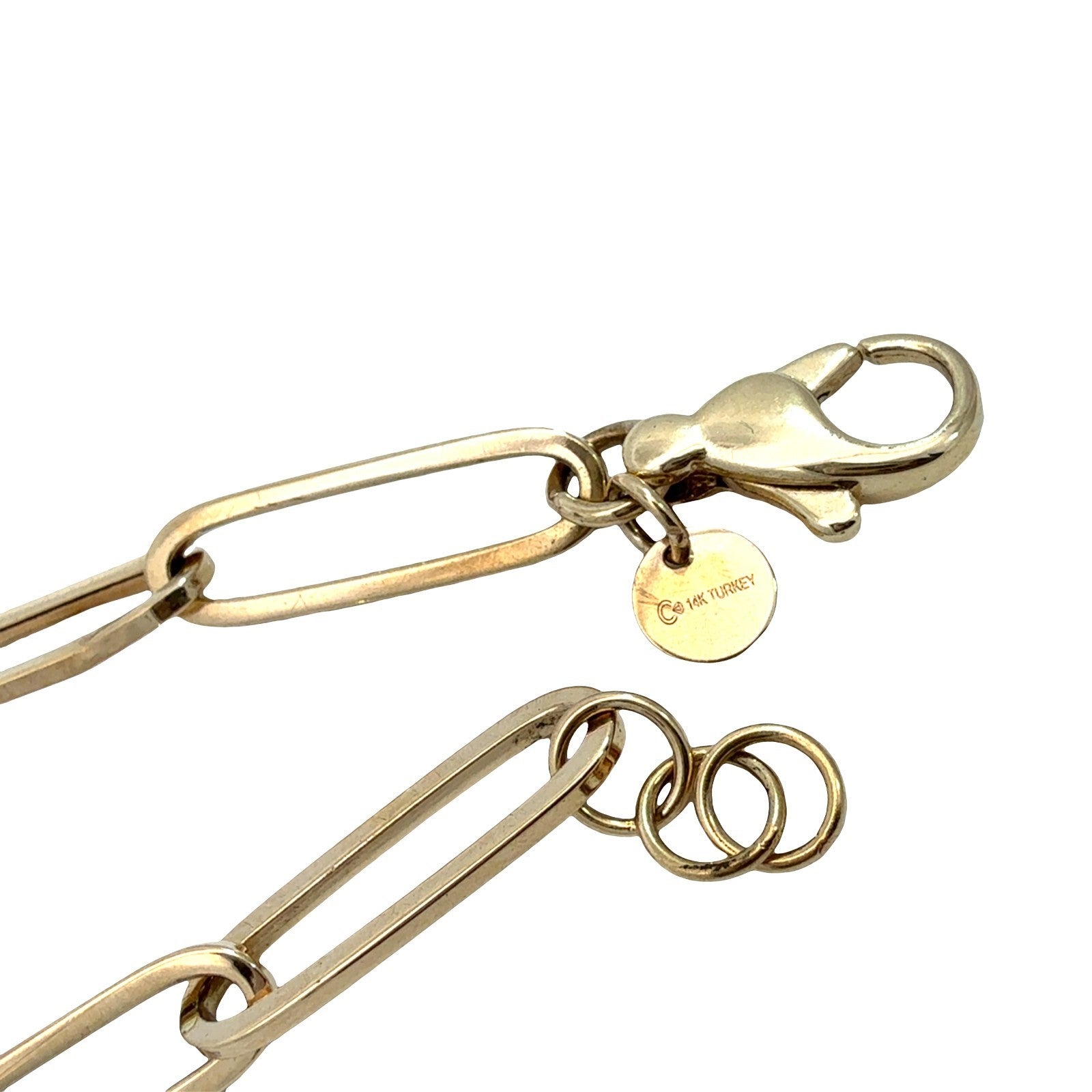 14k Yellow Gold Paperclip Chain Heart Charm Bracelet 7.5"5