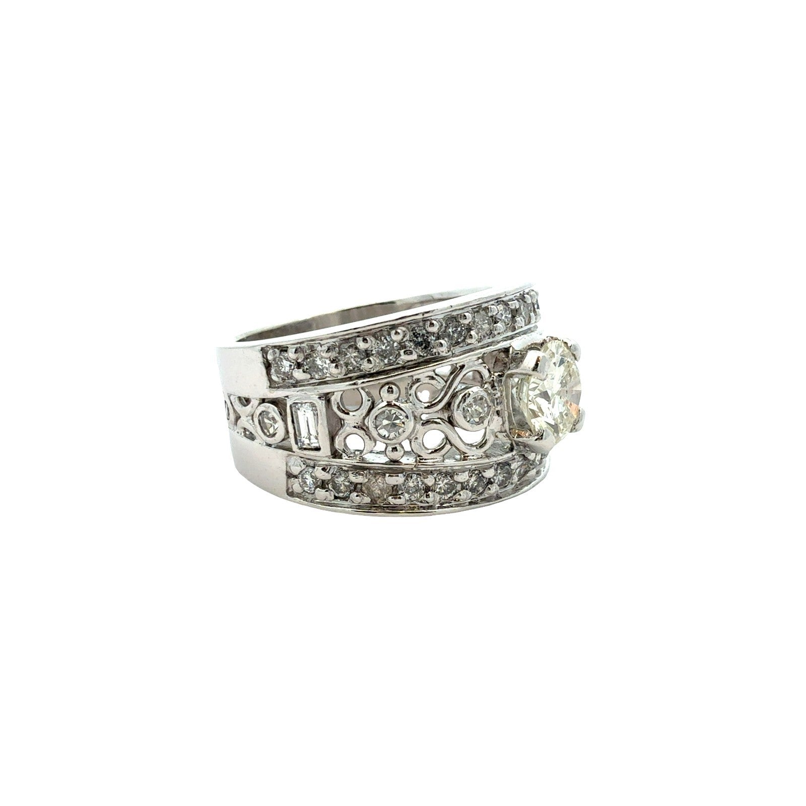 Vintage 14k White Gold 1.68cttw Diamond Filigree Wide Band Engagement Ring1