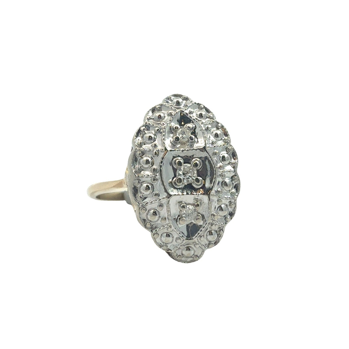 Art Deco 14k White Gold Stamped Two-Toned 0.08ctw Diamond Navette Cocktail Ring1