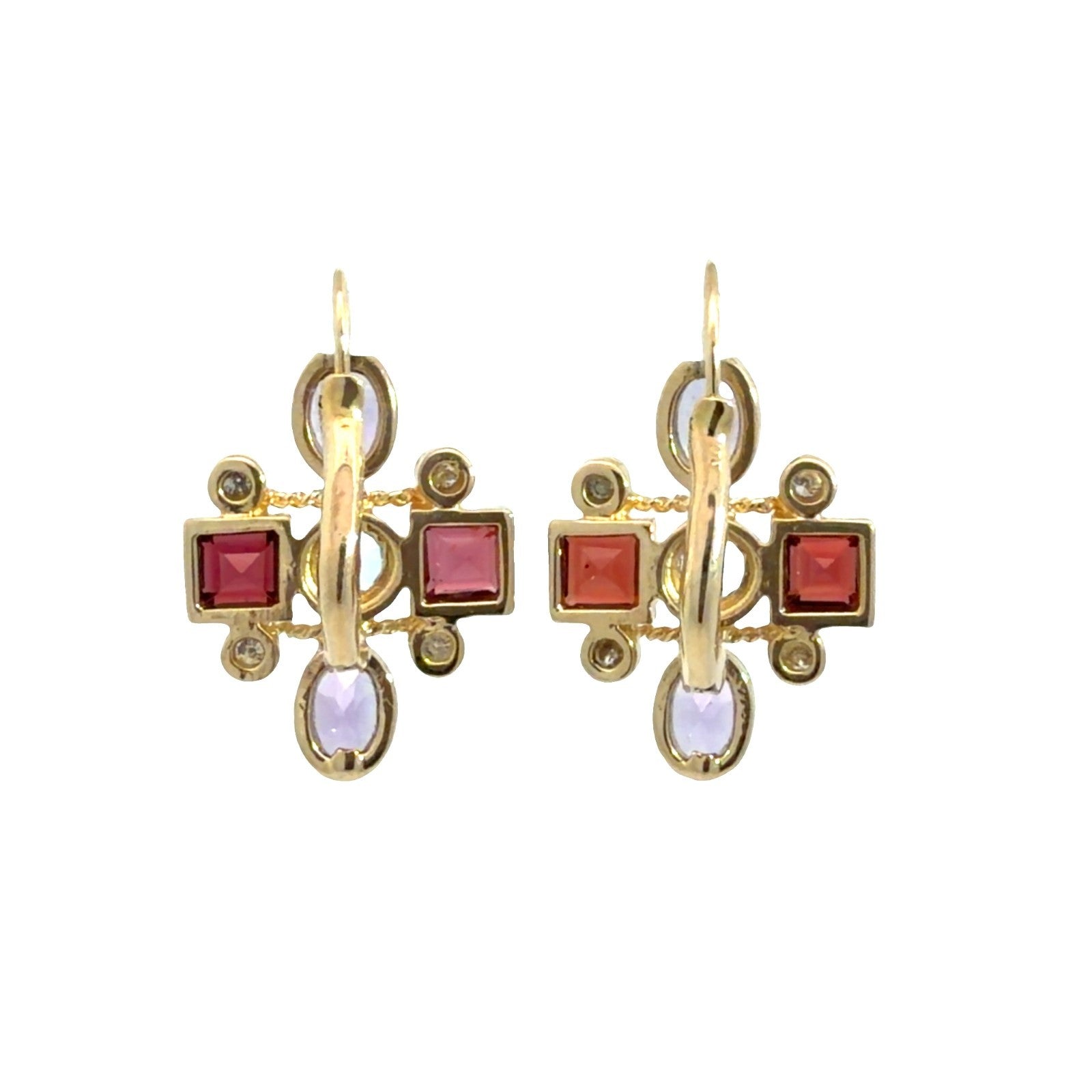 Vintage 13.5k Yellow Gold Diamond, Topaz, Amethyst, and Garnet Earrings2