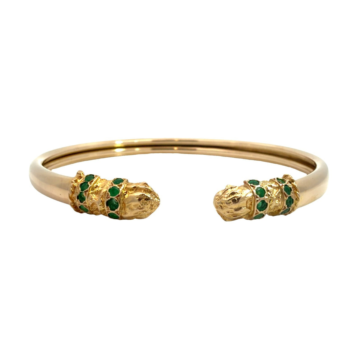 17k Yellow Gold Animal Head Bangle with Emerald Accents0