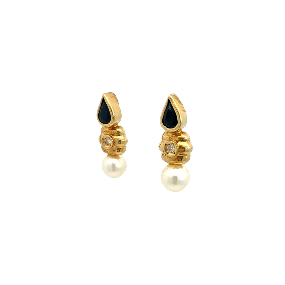 Vintage 18k Yellow Gold Pearl 0.92cttw Sapphire and 0.04cttw Diamond Earrings1
