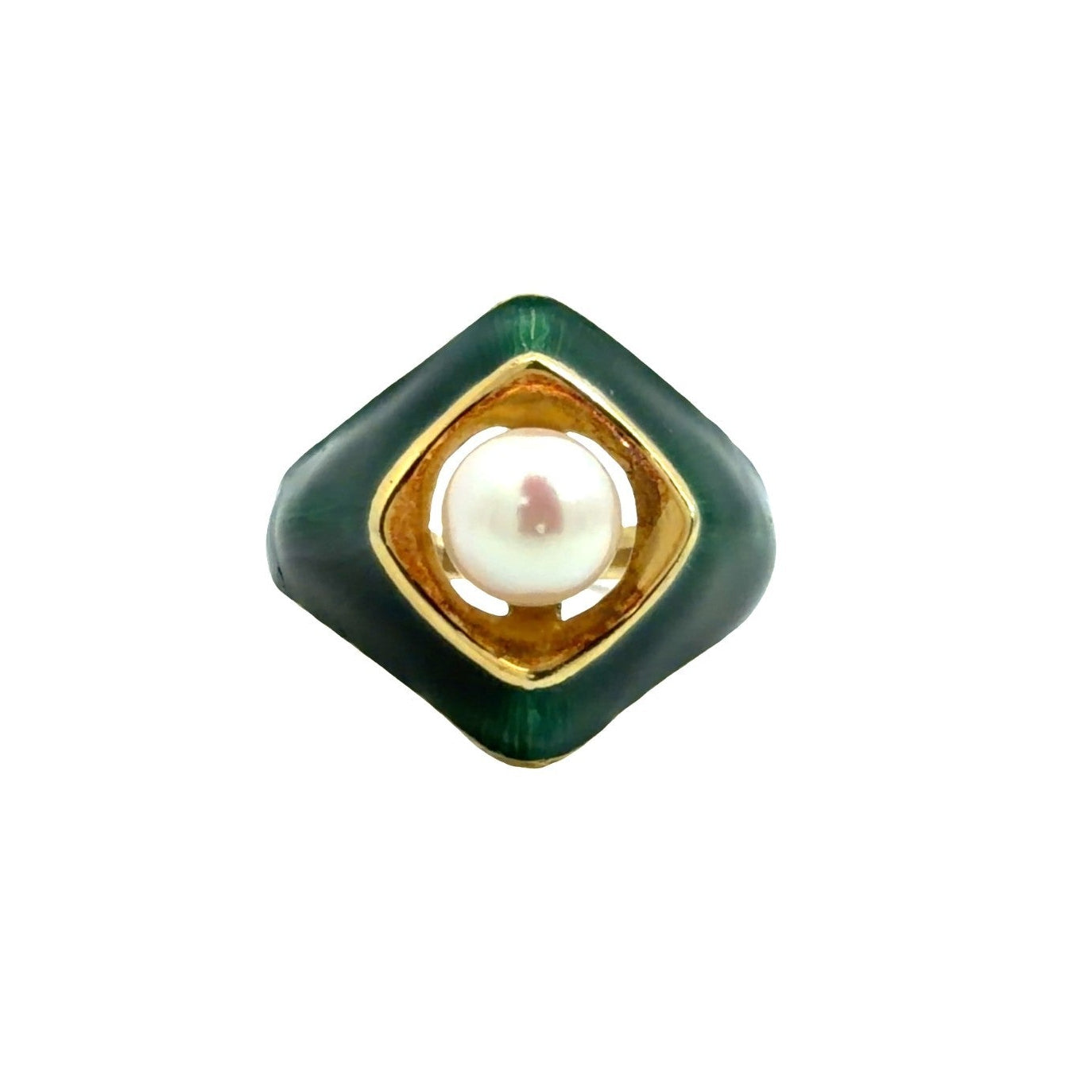 Vintage 18k Yellow Gold Green Enamel & Pearl Cocktail Ring Size 7.750