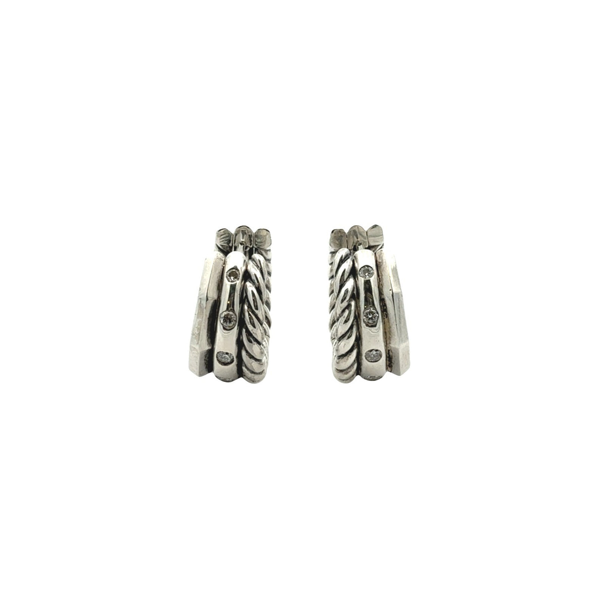 David Yurman Stax Sterling Silver 0.11cttw Diamond Cable Huggie Hoop Earrings1
