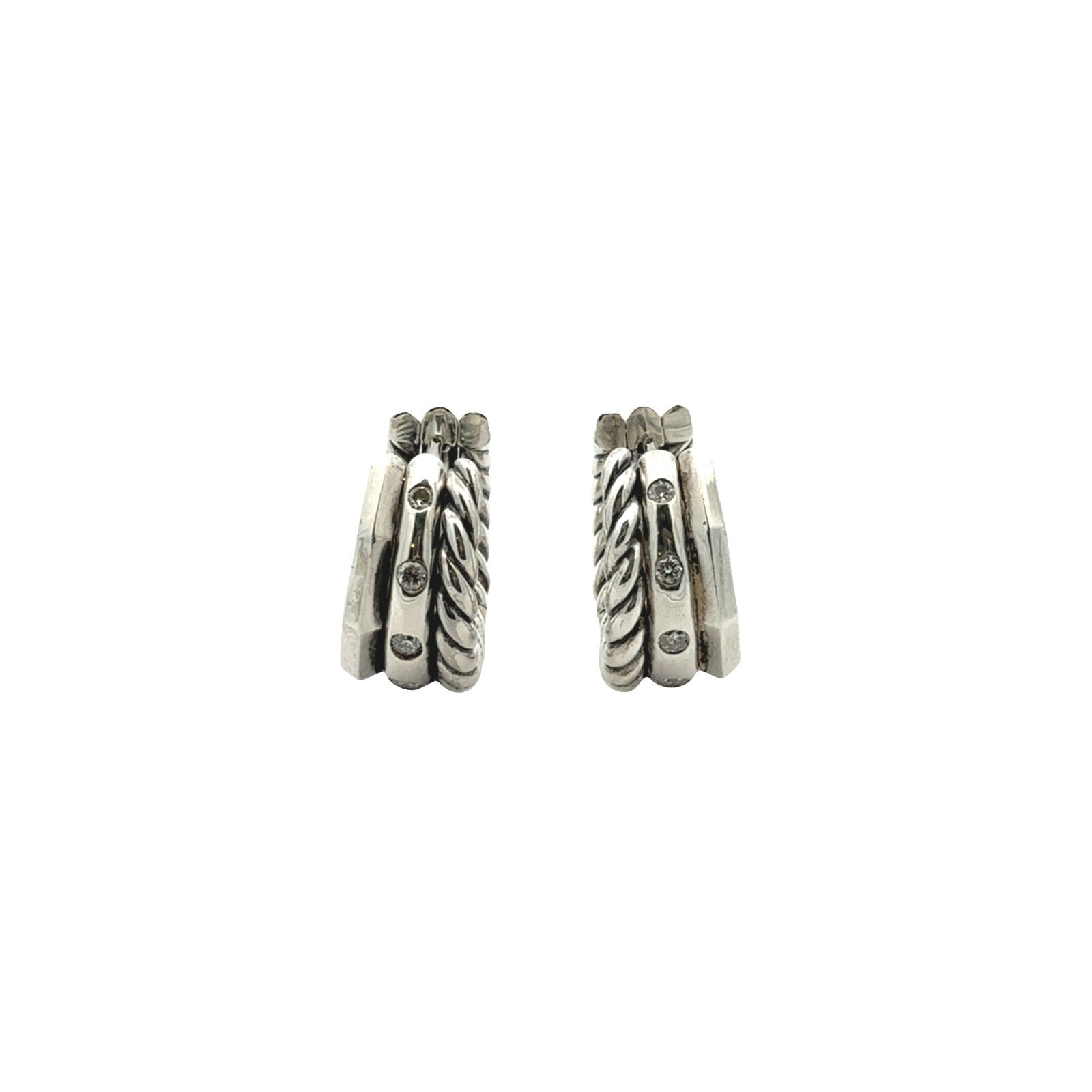David Yurman Stax Sterling Silver 0.11cttw Diamond Cable Huggie Hoop Earrings0
