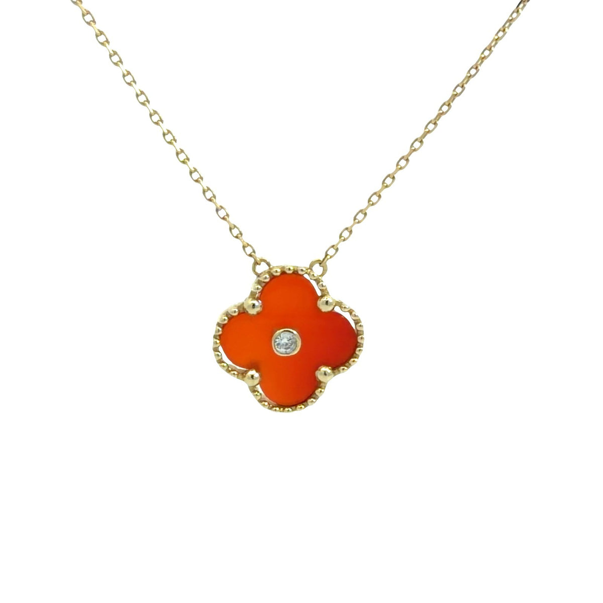 18k Yellow Gold Orange Clover Charm Necklace with CZ Center4