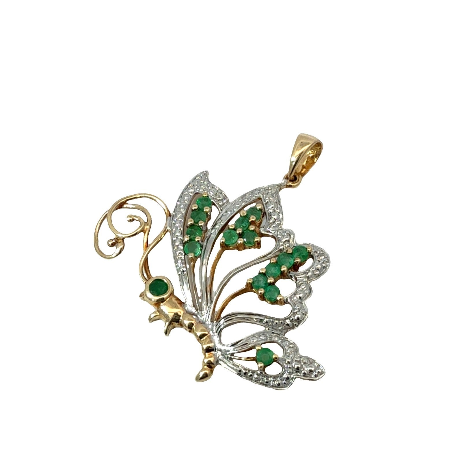 10k Yellow Gold 0.33ctw Emerald and 0.01ctw Diamond Butterfly Pendant0