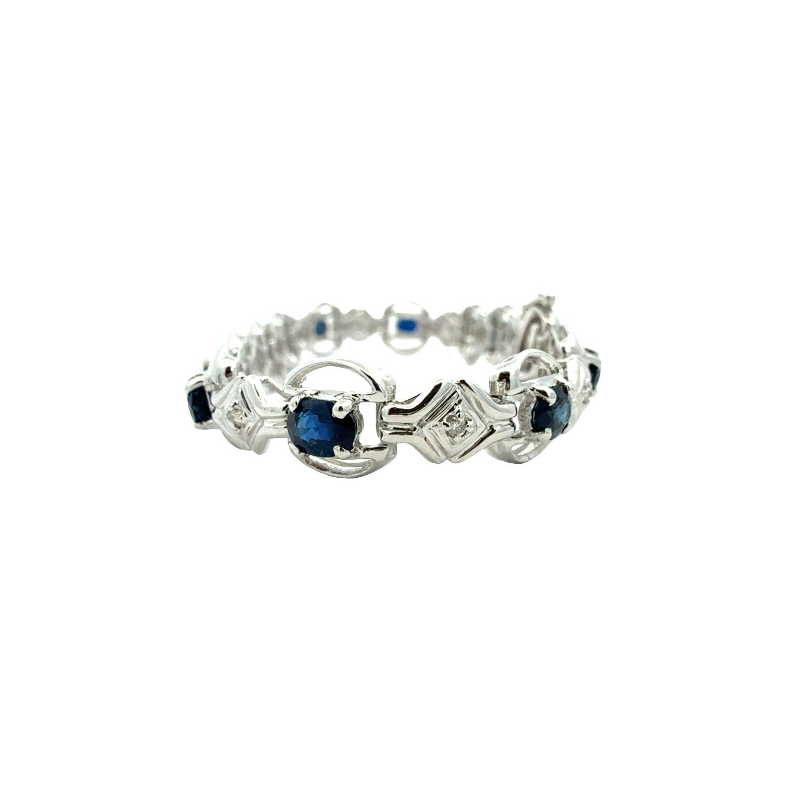 14k White Gold 0.14cttw Diamond and 4.56cttw Sapphire Link Bracelet0