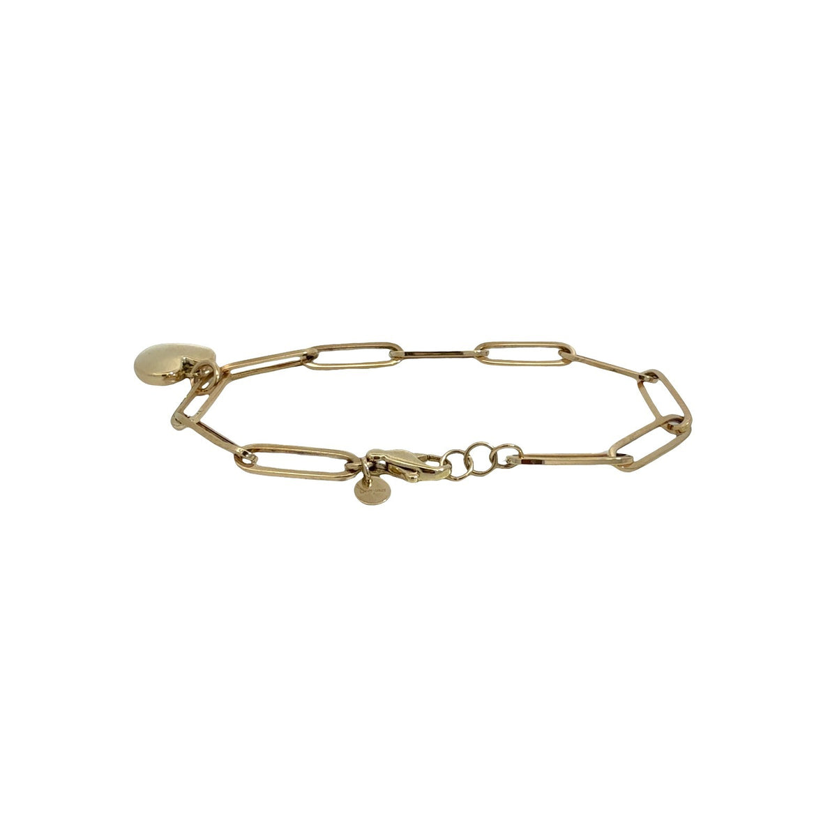 14k Yellow Gold Paperclip Chain Heart Charm Bracelet 7.5"3