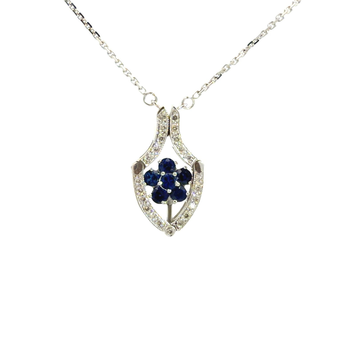 18k WG 0.16ctw Diamond &amp; 0.83ctw Sapphire Floral Convertible Pendant Necklace0