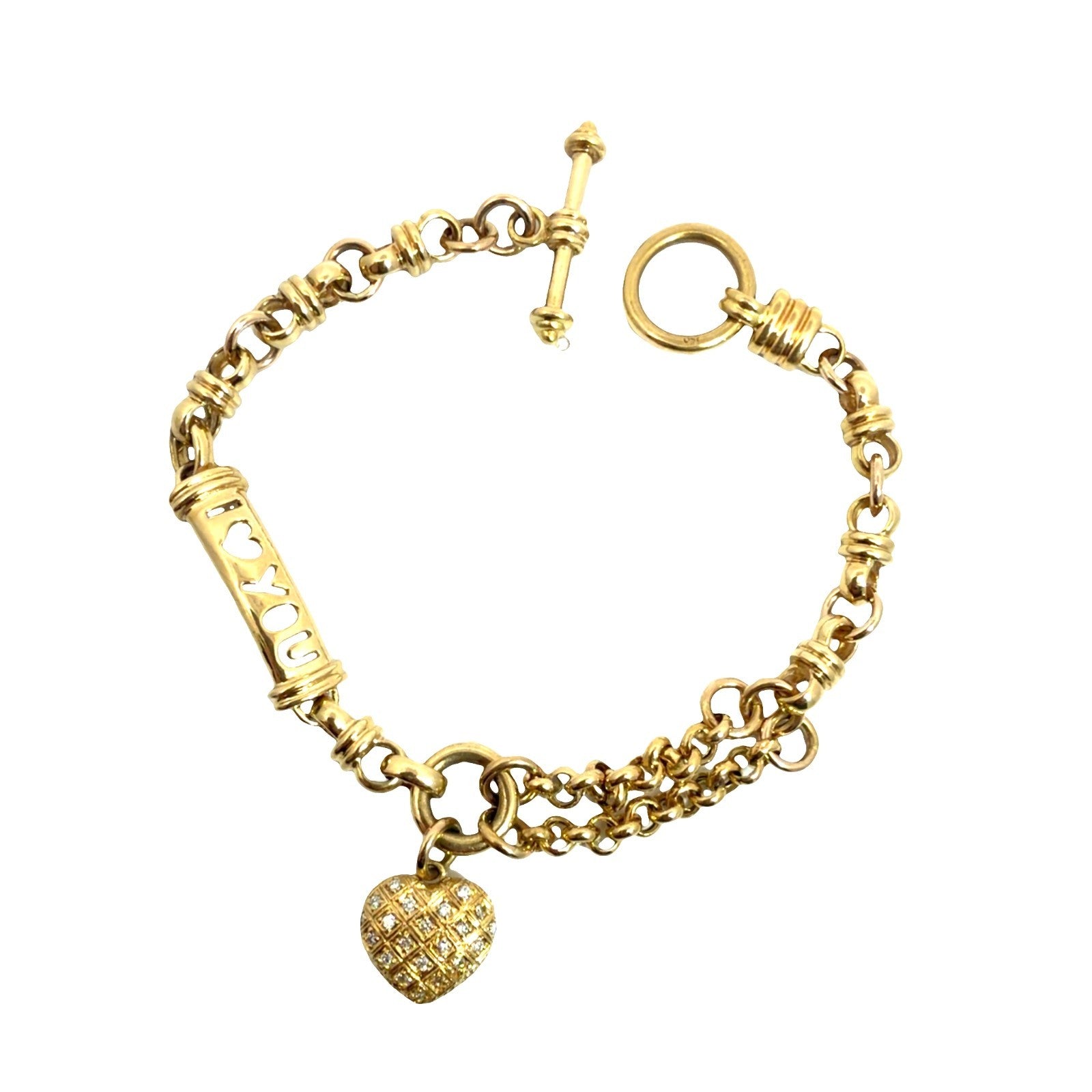 18k Yellow Gold I Love You Heart Charm Diamond Chain Bracelet 6.5 in3