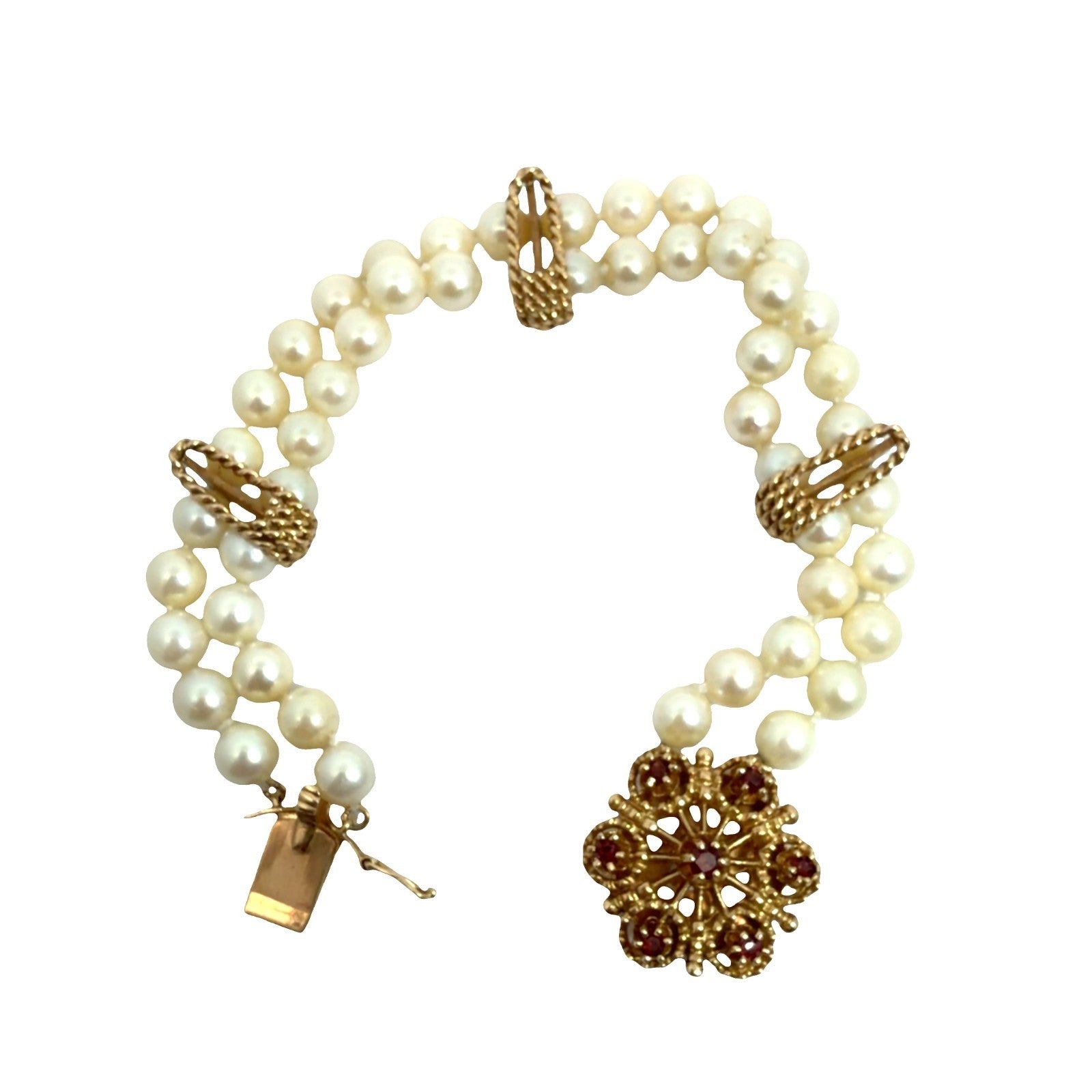 Vintage Stamped 14k Floral Garnet and Pearl Bracelet 7"0