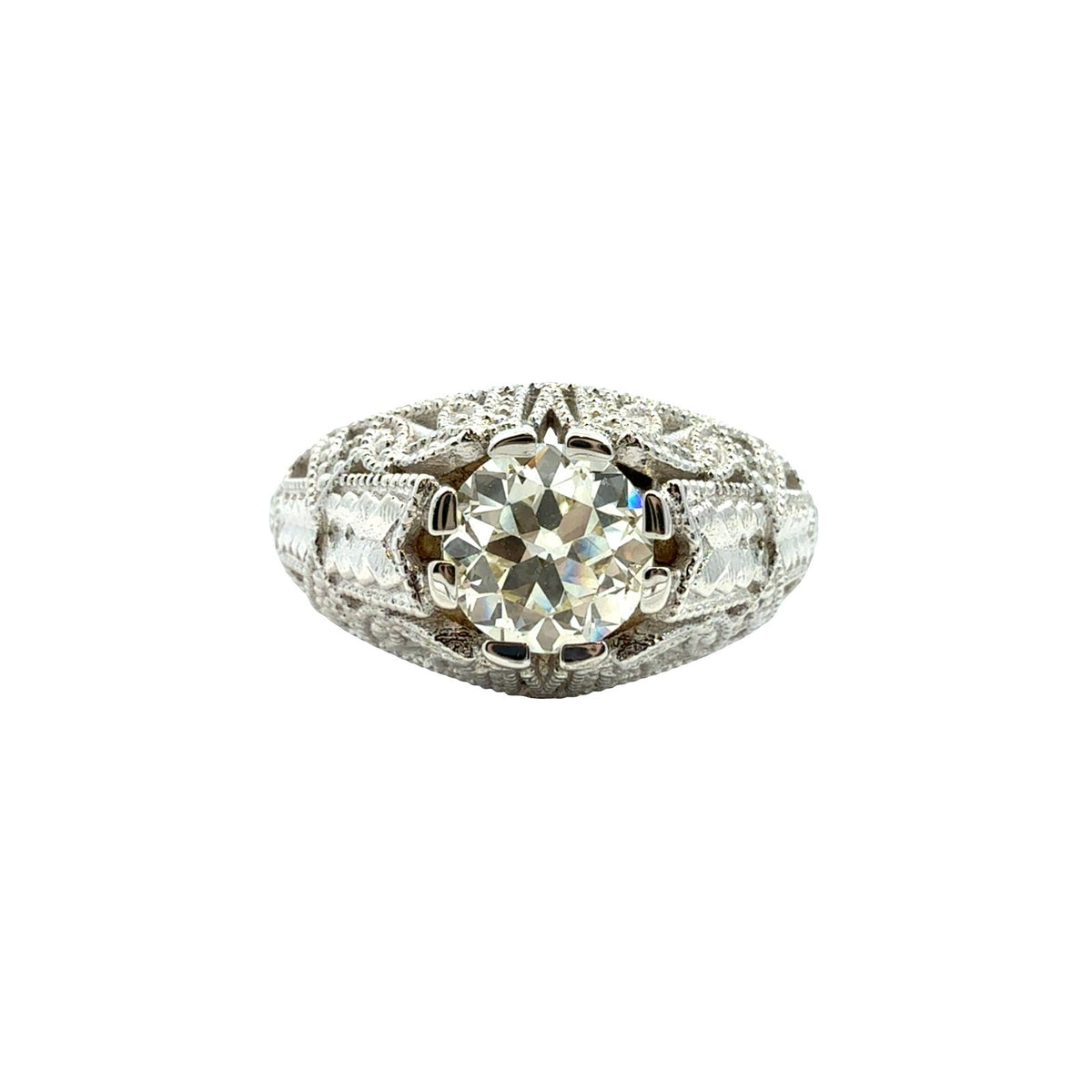 NEW 14k White Gold Filigree 1.04tcw Diamond Euro-Cut Solitaire Engagement Ring0